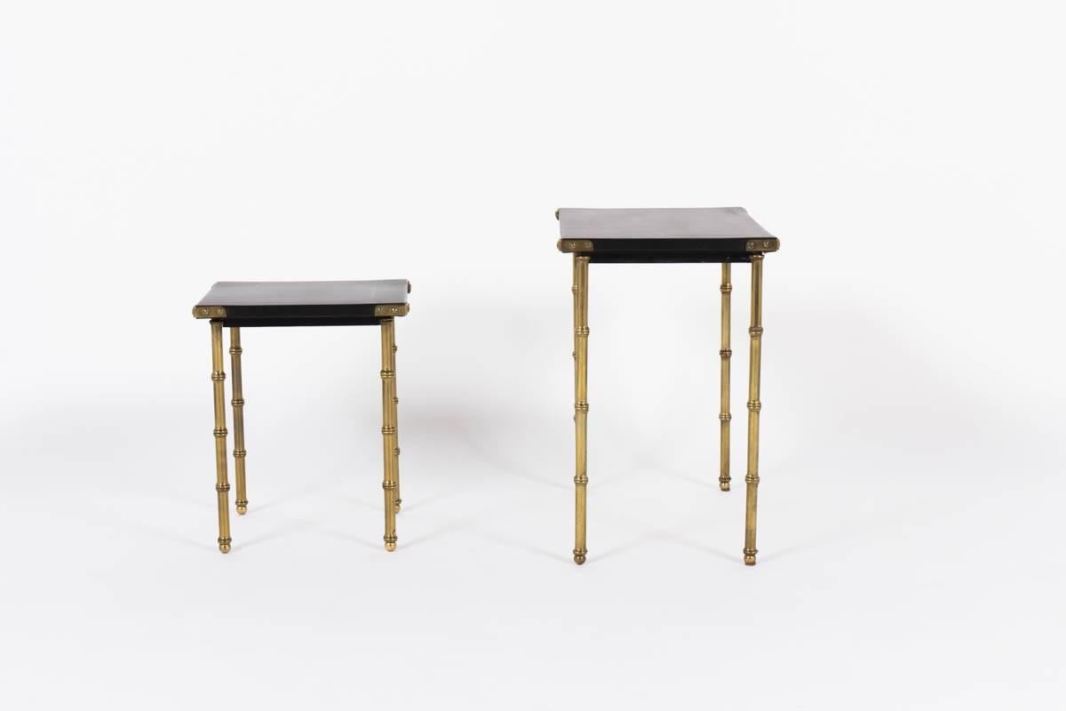 Mid-20th Century Jacques Adnet Leather and Brass Nesting Tables
