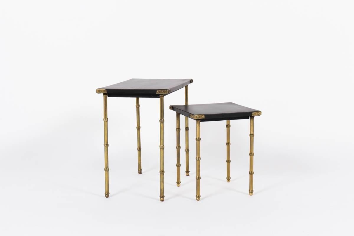 Jacques Adnet Leather and Brass Nesting Tables 1