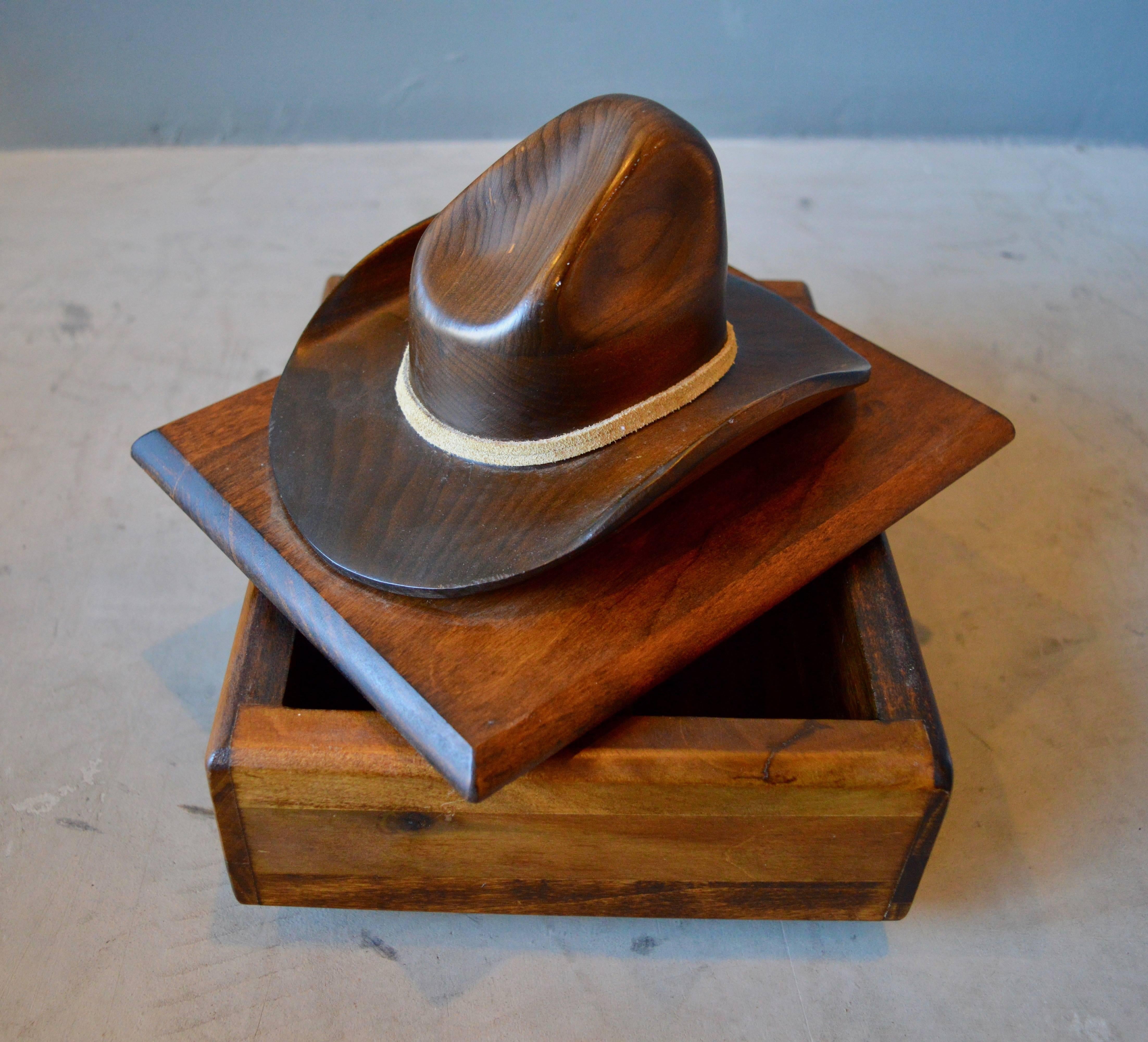 American Hand-Carved Wood Cowboy Hat Box