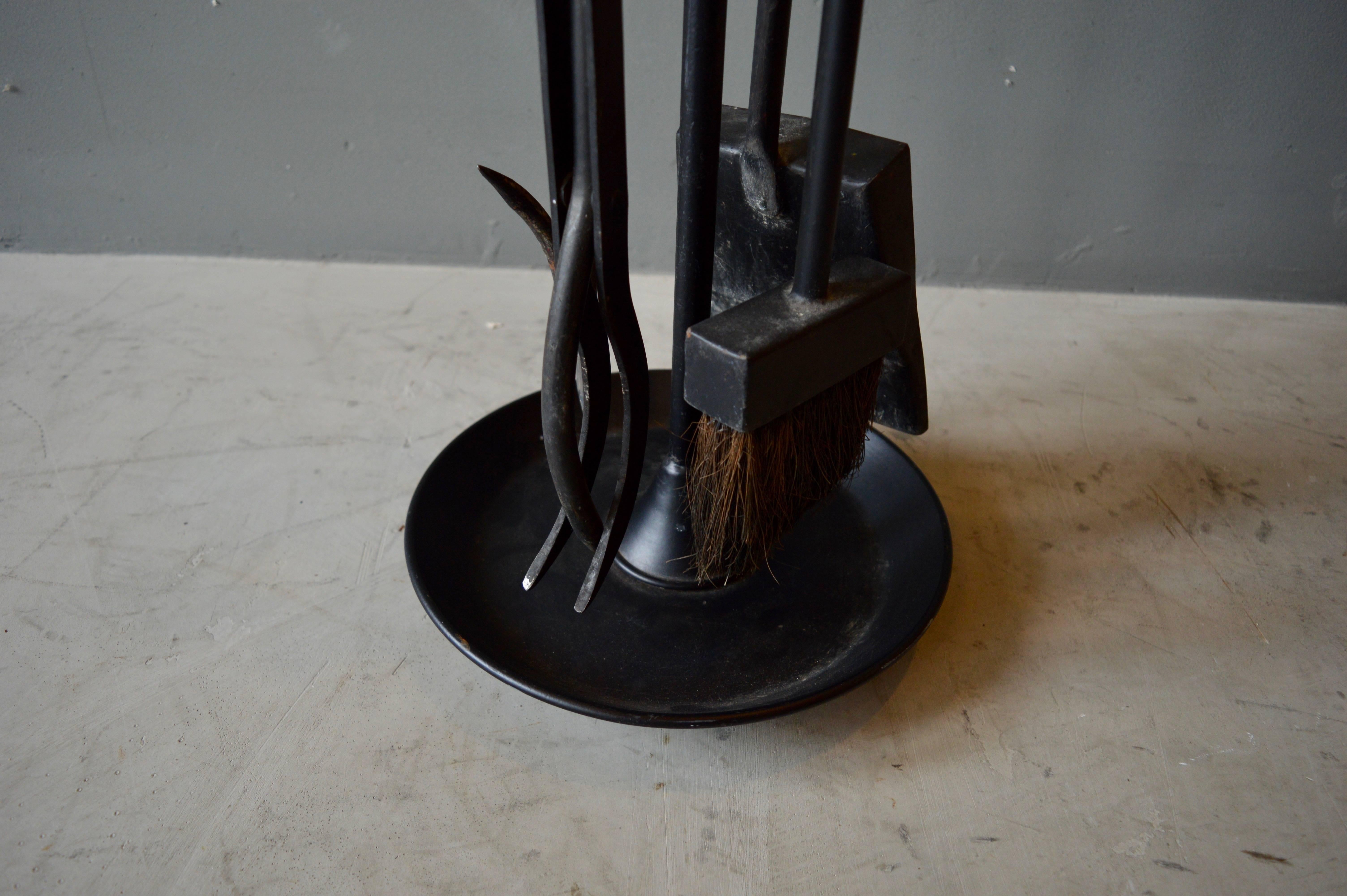 Adnet Style Leather and Iron Fireplace Set In Good Condition In Los Angeles, CA