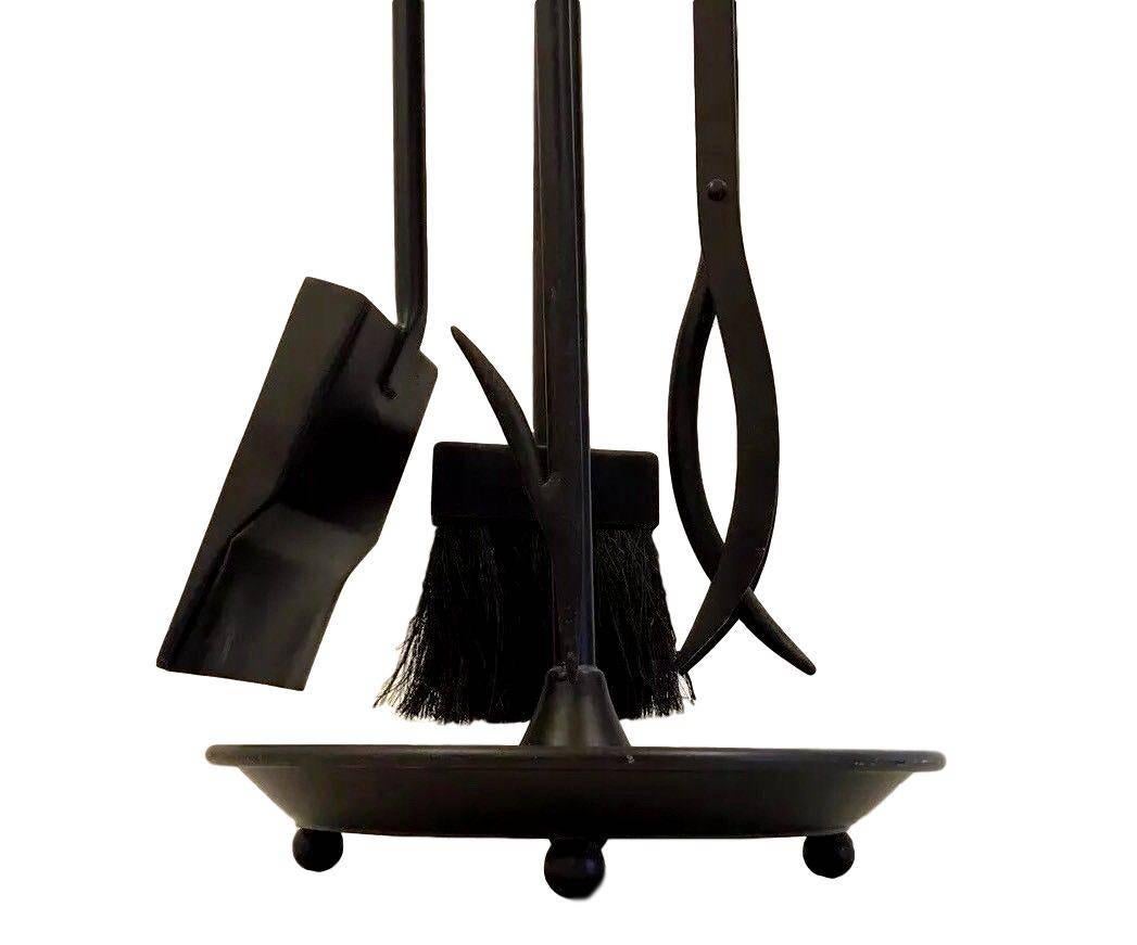 Mid-20th Century Adnet Style Leather and Iron Fireplace Set