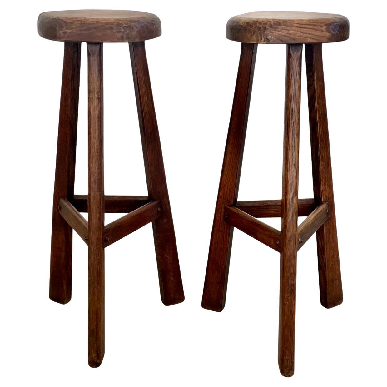 Pair of Tall Brutalist Wood Stools, 1960s France For Sale
