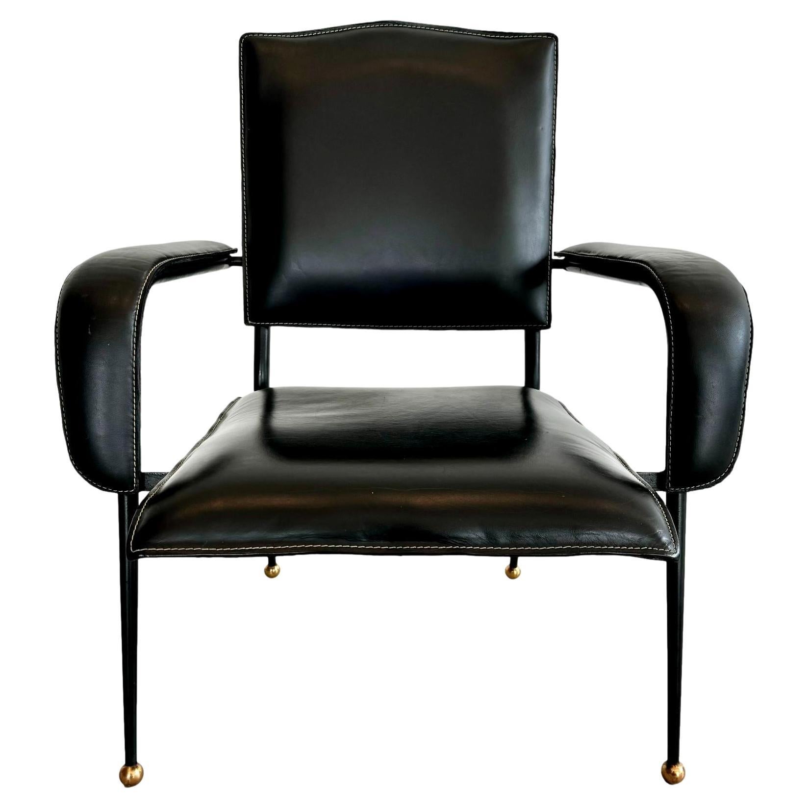 Jacques Adnet Black Leather Armchair, 1950s France For Sale