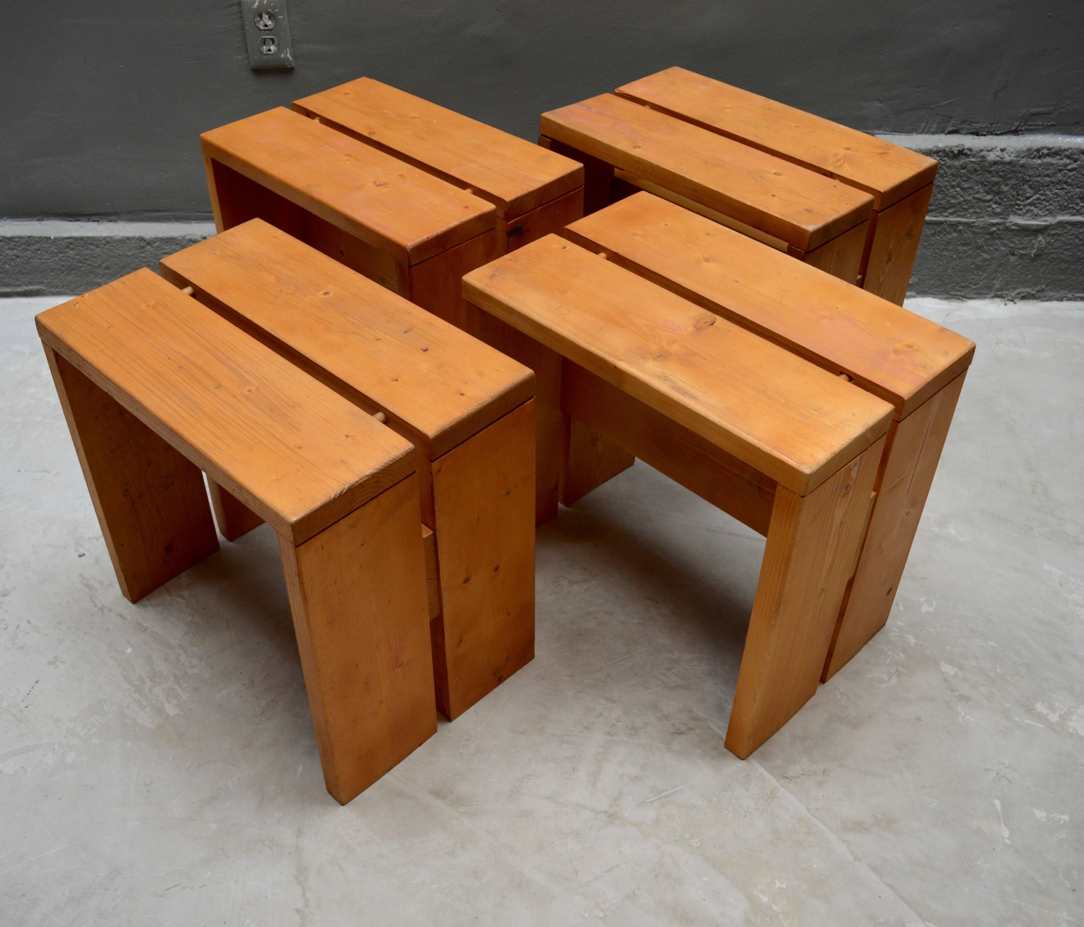 Mid-20th Century Charlotte Perriand Pine Stools for Les Arcs