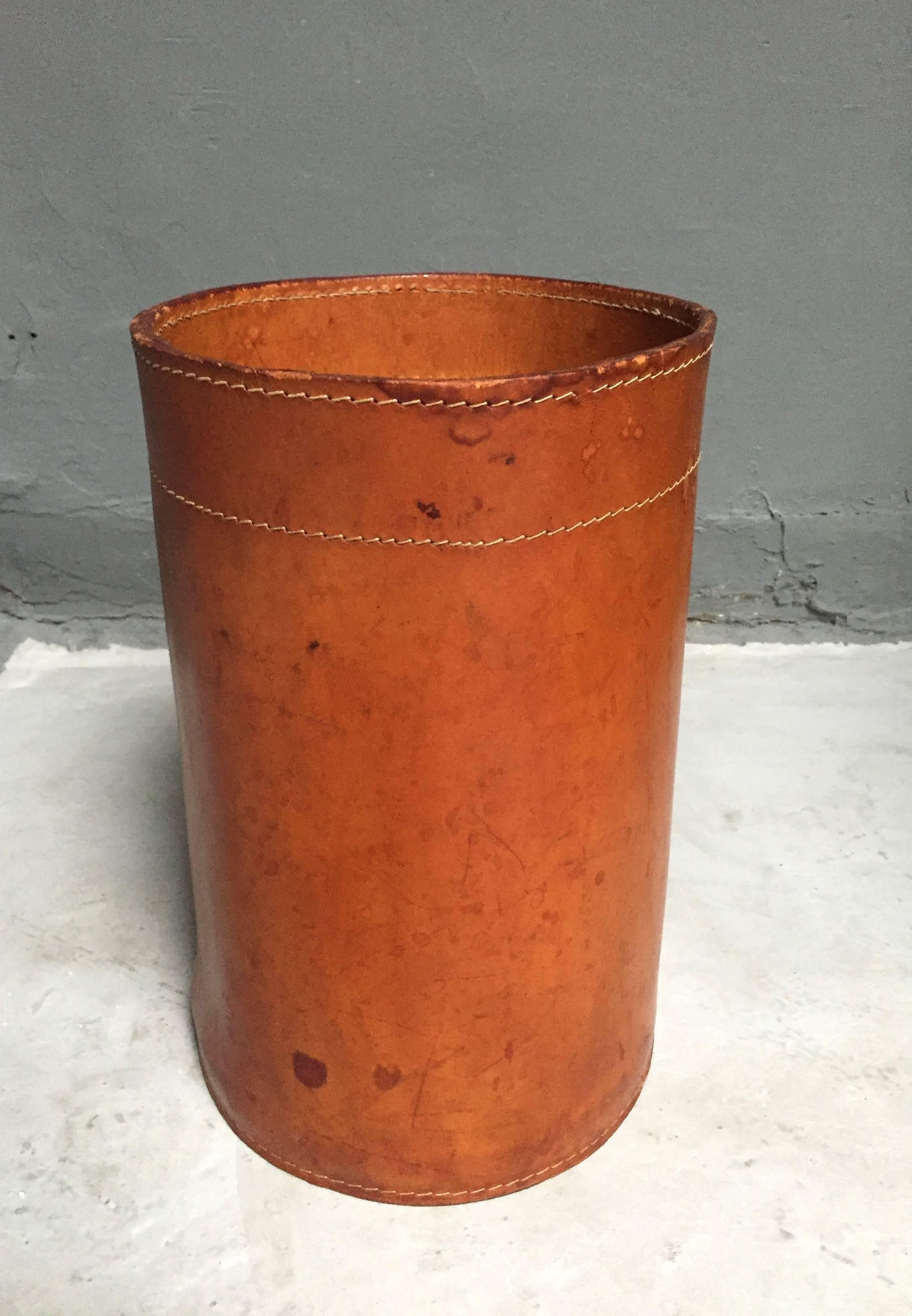 French Leather Trash Bin in the Style of Jacques Adnet