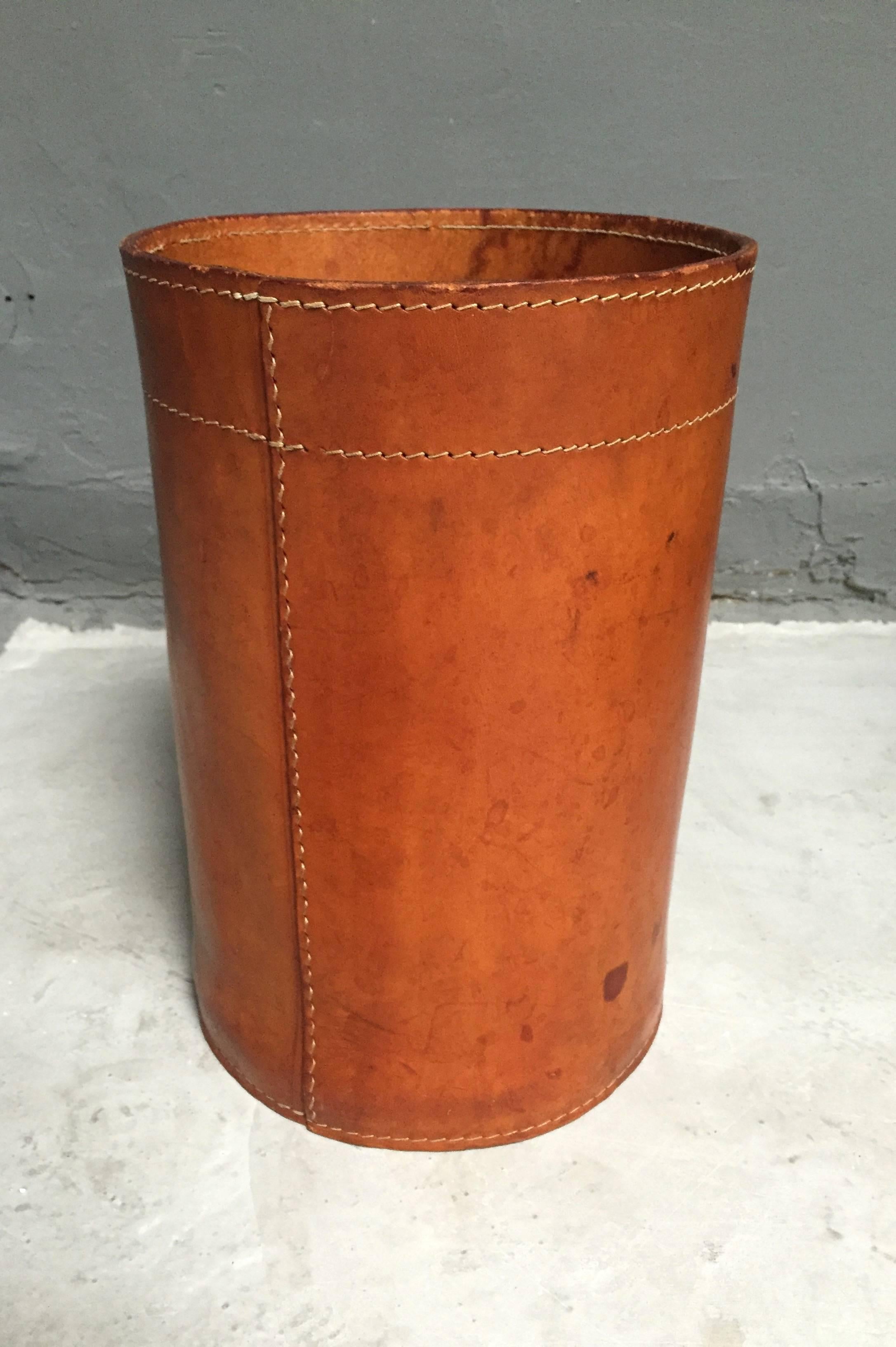 Leather Trash Bin in the Style of Jacques Adnet In Excellent Condition In Los Angeles, CA