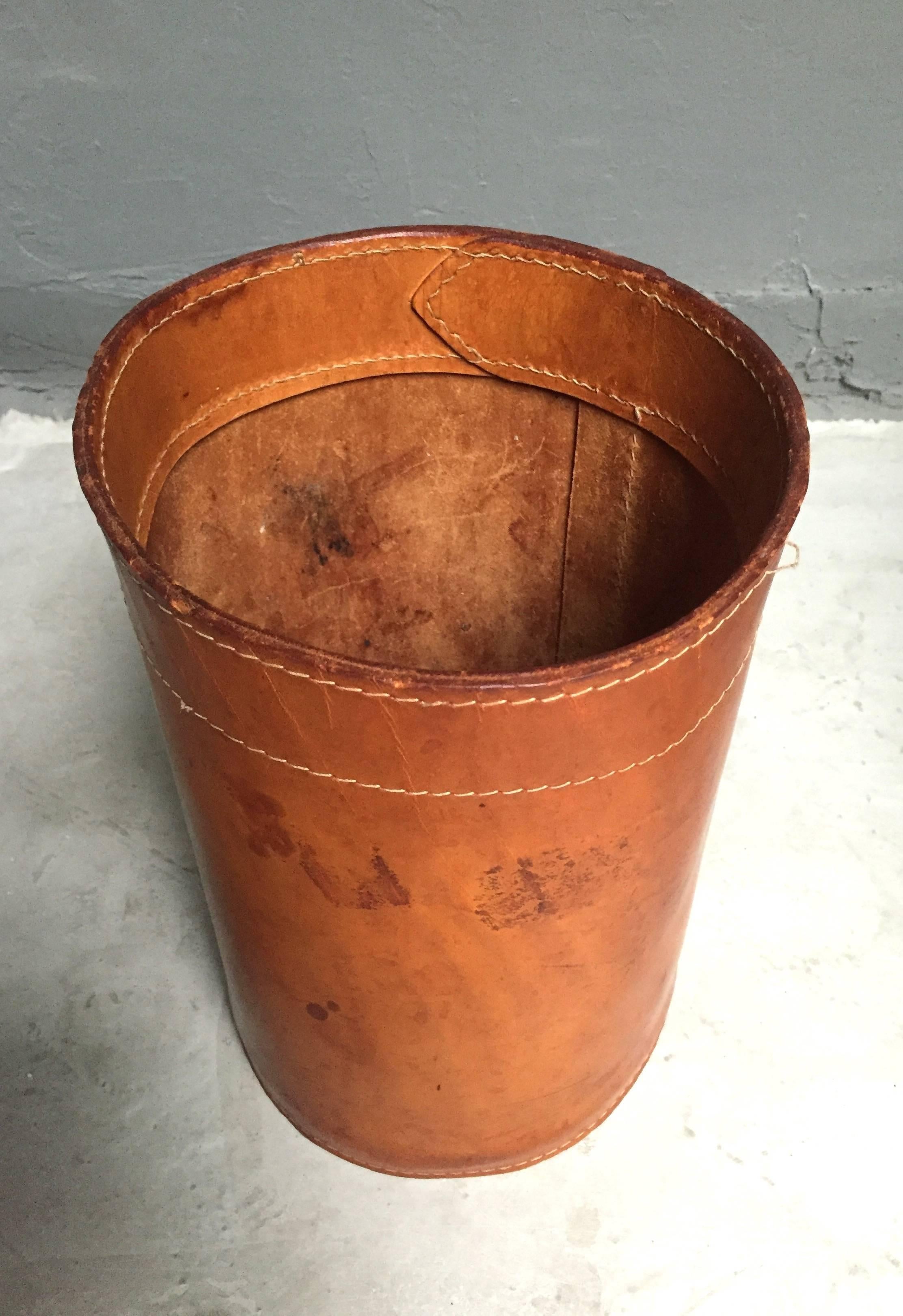 Mid-20th Century Leather Trash Bin in the Style of Jacques Adnet