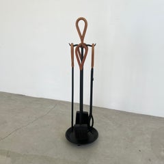 Leather and Iron Fireplace Set in the Style of Jacques Adnet, 1980s USA