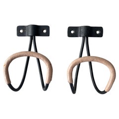 Pair of Jacques Adnet Iron and Leather Coat Hooks, 1950s, France