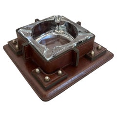 Jacques Adnet Leather, Brass and Glass Ashtray, 1950s France