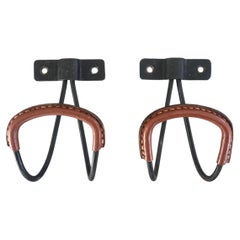 Pair of Jacques Adnet Iron and Saddle Leather Coat Hooks, 1950s, France