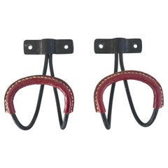 Pair of Jacques Adnet Iron and Leather Coat Hooks, 1950s, France
