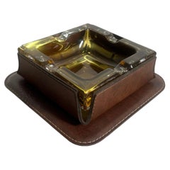 Jacques Adnet Style Leather and Amber Glass Ashtray, 1950s France
