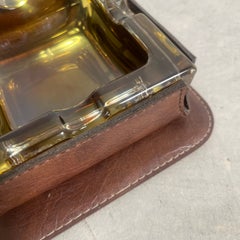 Jacques Adnet Style Leather and Amber Glass Ashtray, 1950s France