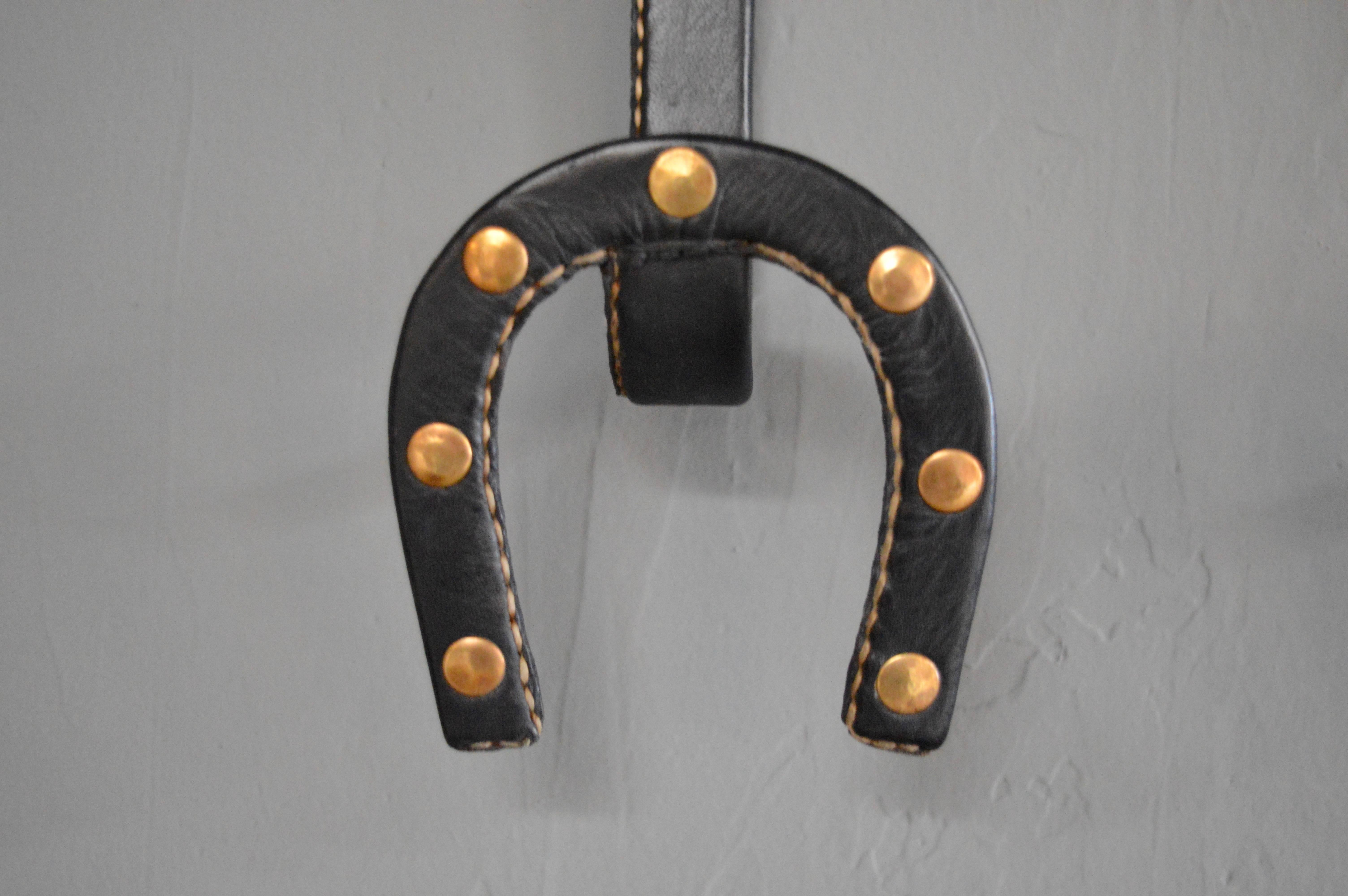 Jacques Adnet Leather Horseshoe Coat Rack In Excellent Condition In Los Angeles, CA