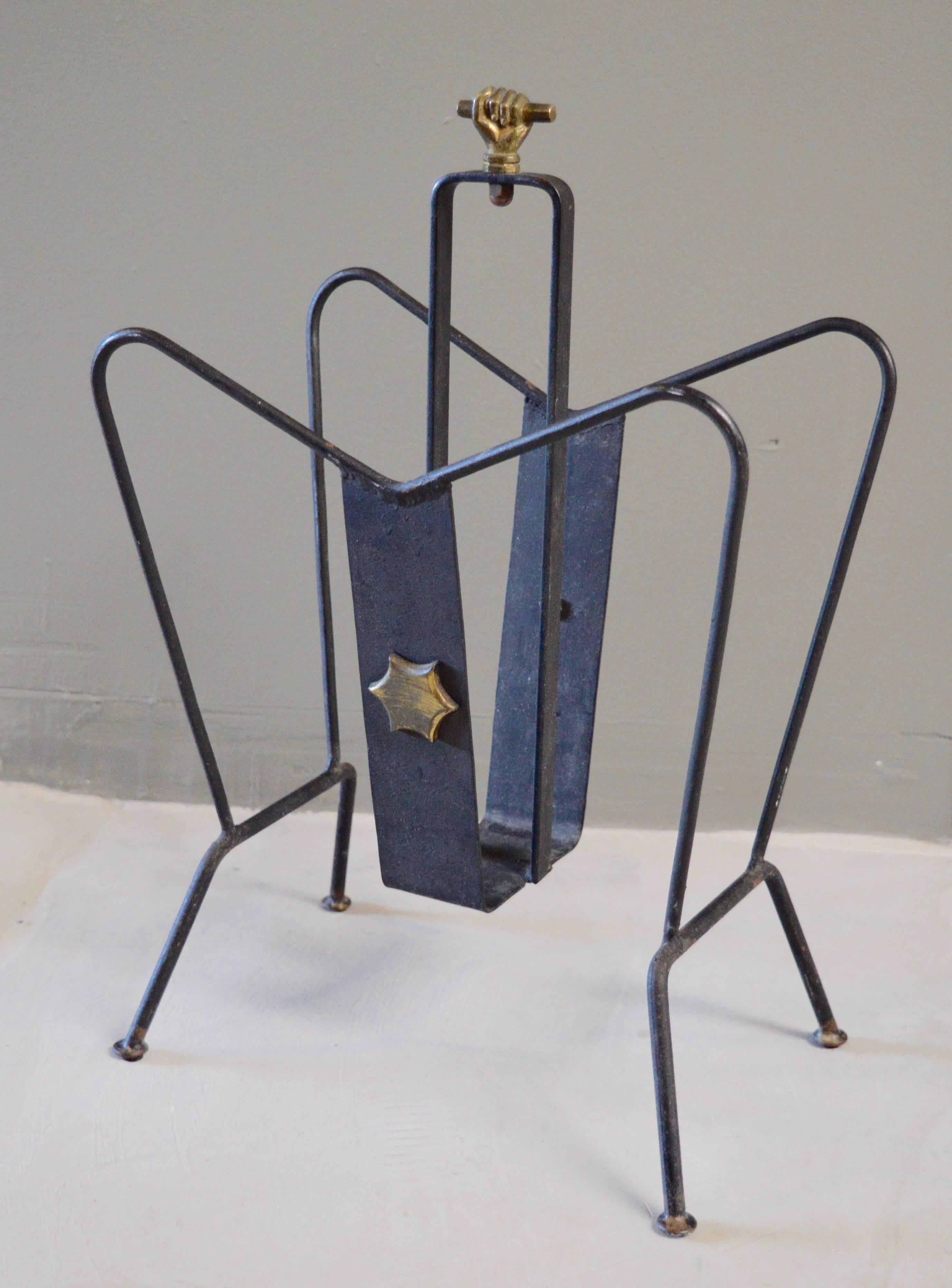 Jacques Adnet Magazine Rack in Brass and Iron In Excellent Condition In Los Angeles, CA