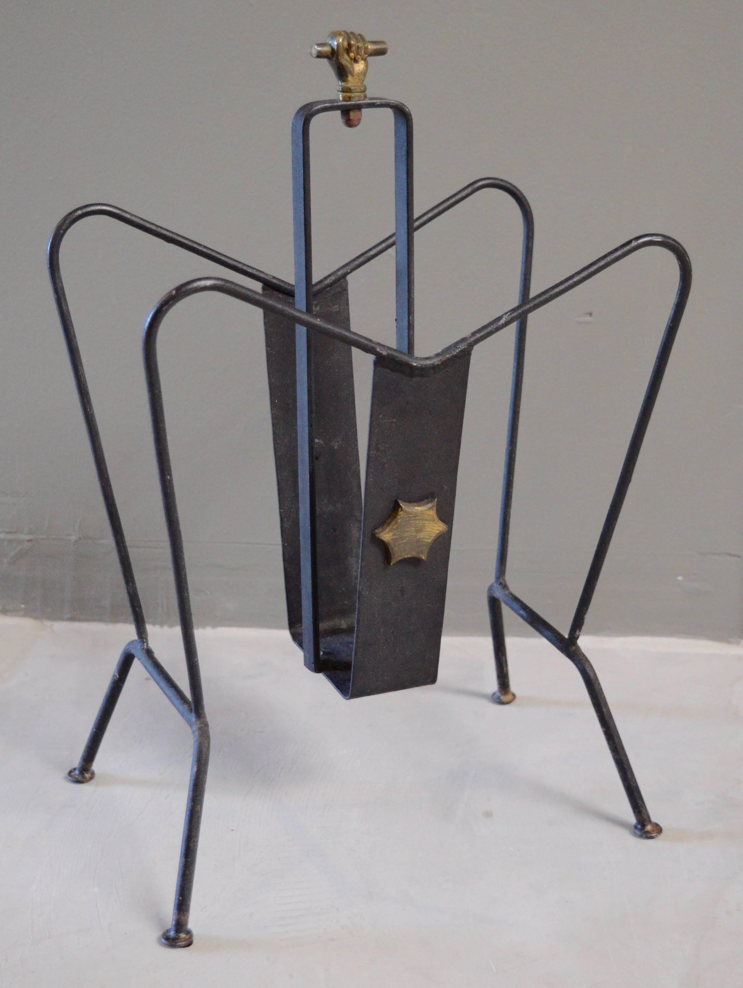 Mid-20th Century Jacques Adnet Magazine Rack in Brass and Iron