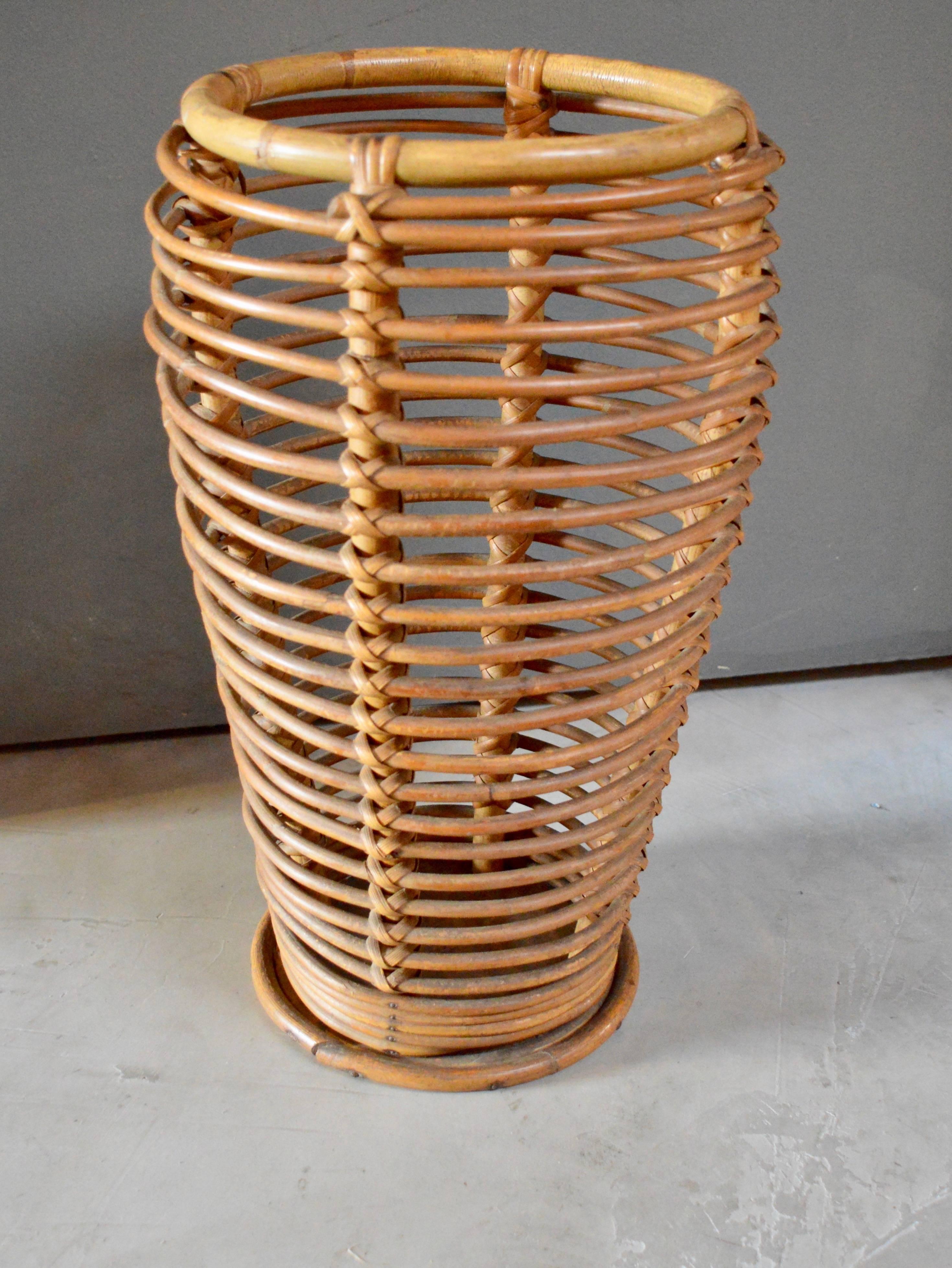 Mid-20th Century French Rattan and Bamboo Umbrella Stand