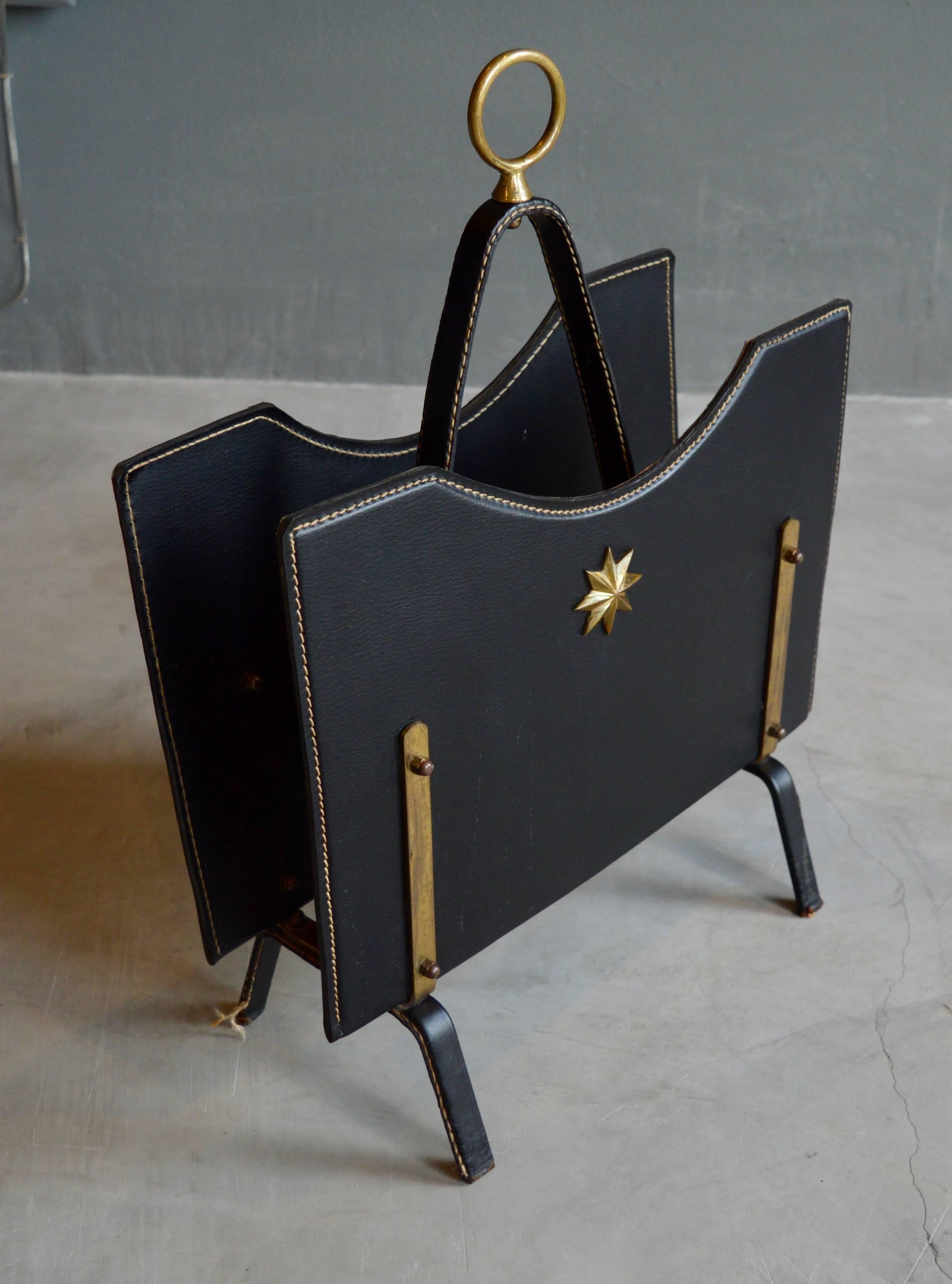 French Jacques Adnet Leather and Brass Magazine Rack