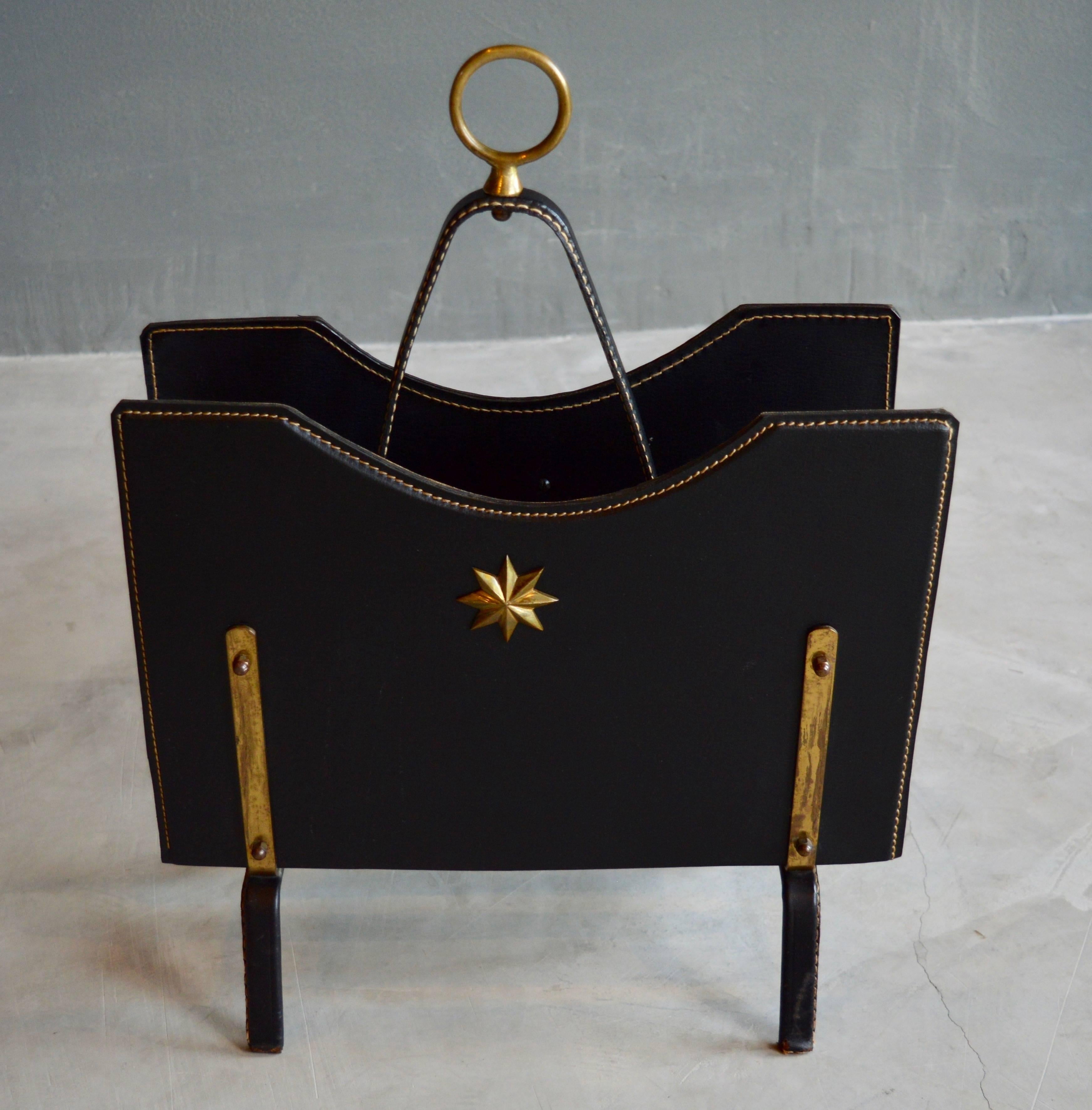 Jacques Adnet Leather and Brass Magazine Rack In Excellent Condition In Los Angeles, CA