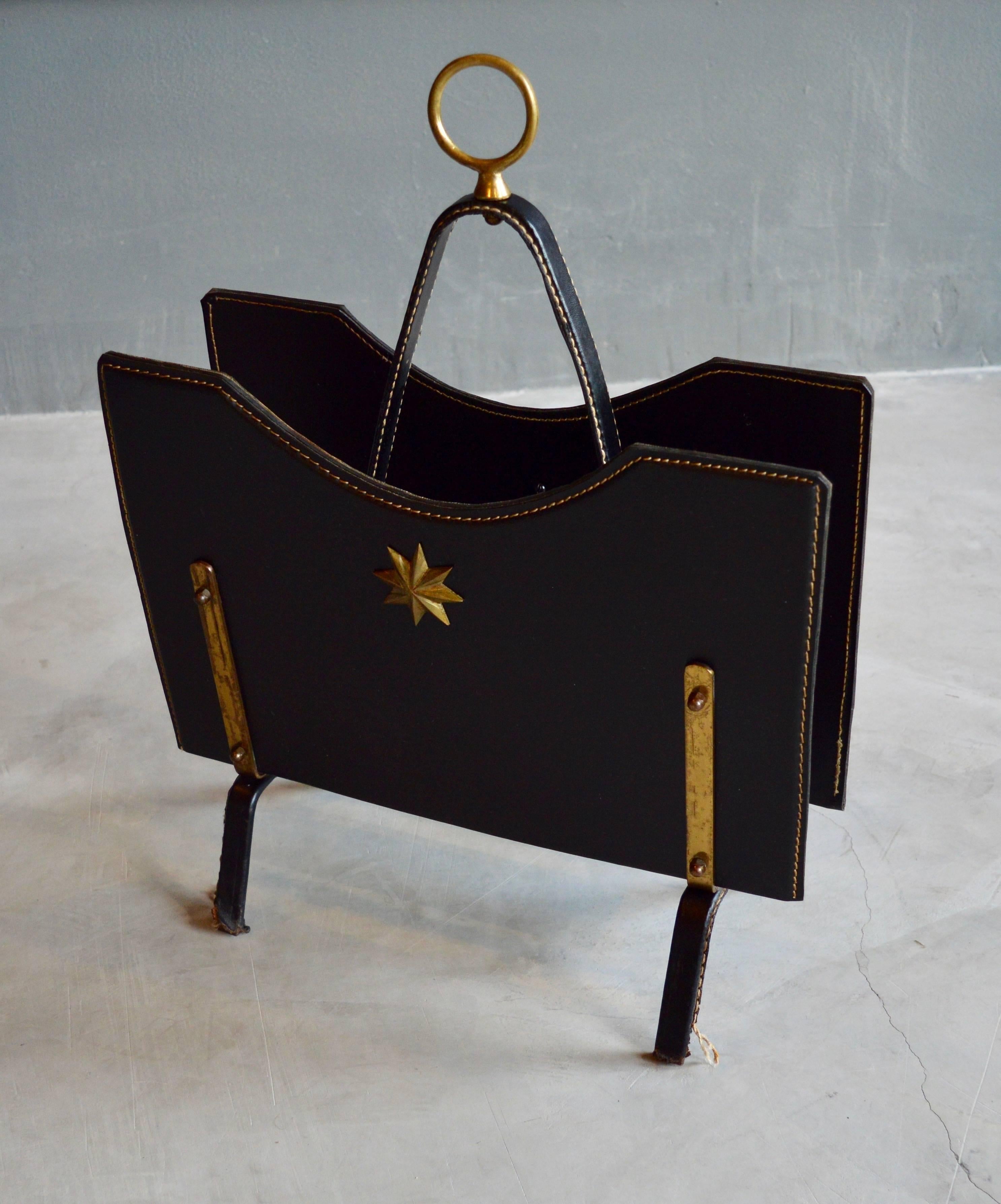 Mid-20th Century Jacques Adnet Leather and Brass Magazine Rack