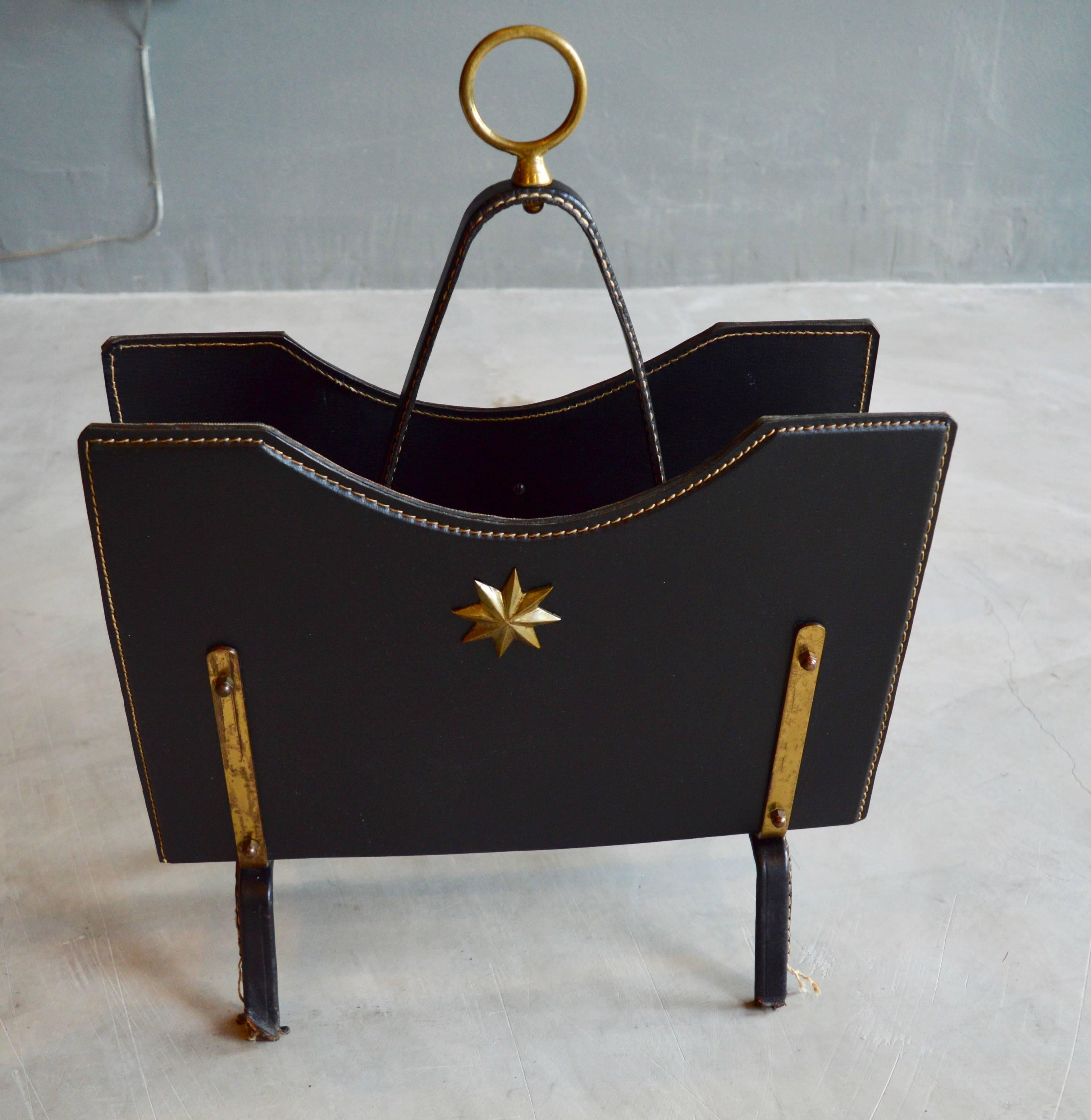 Jacques Adnet Leather and Brass Magazine Rack 1