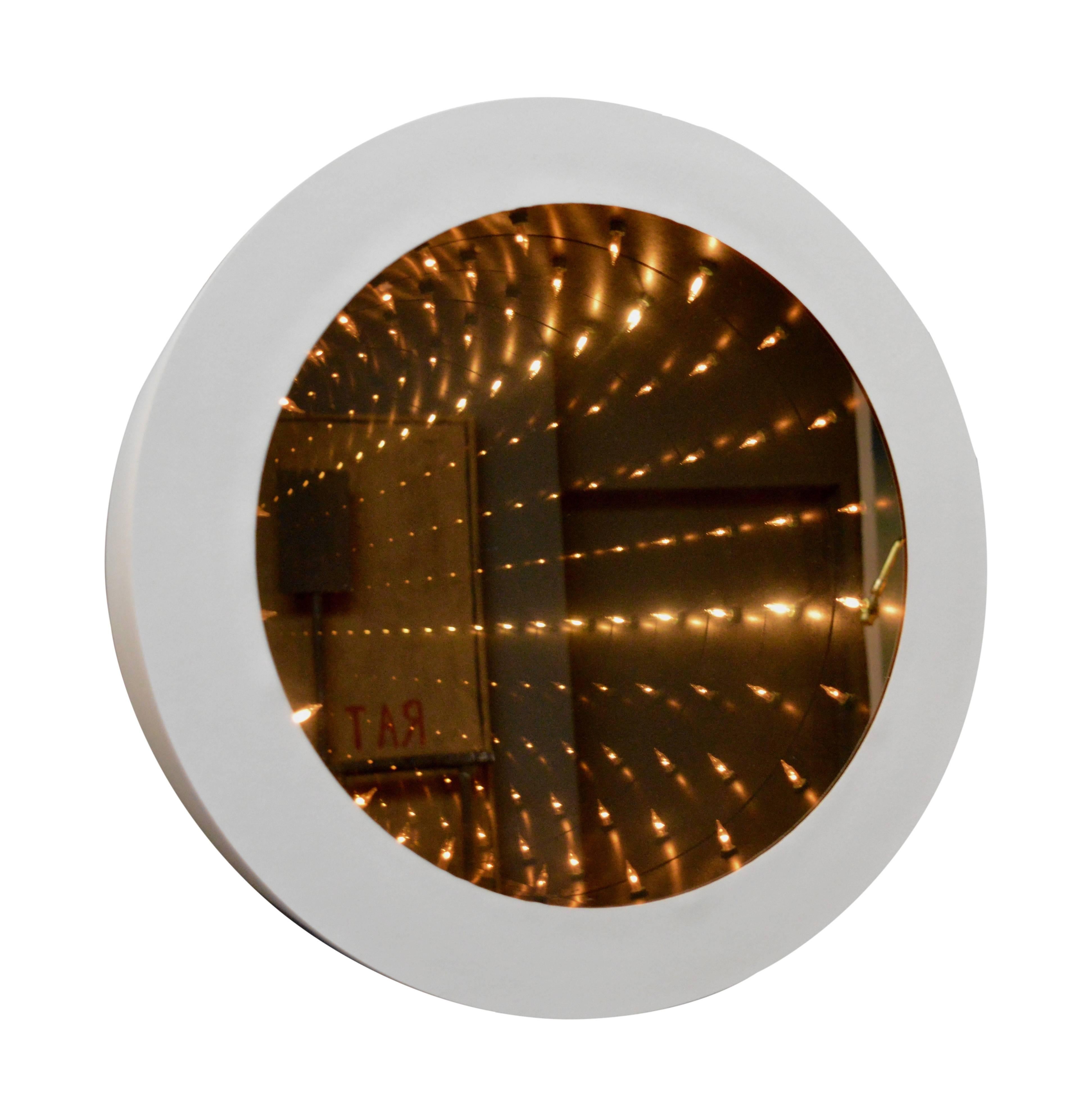 Large-scale vintage infinity mirror. Dark mirrored glass with white frame. Perfect working order. Newly rewired in ivory cloth twist cord. Excellent vintage condition. Amazing piece of art! Only one available.