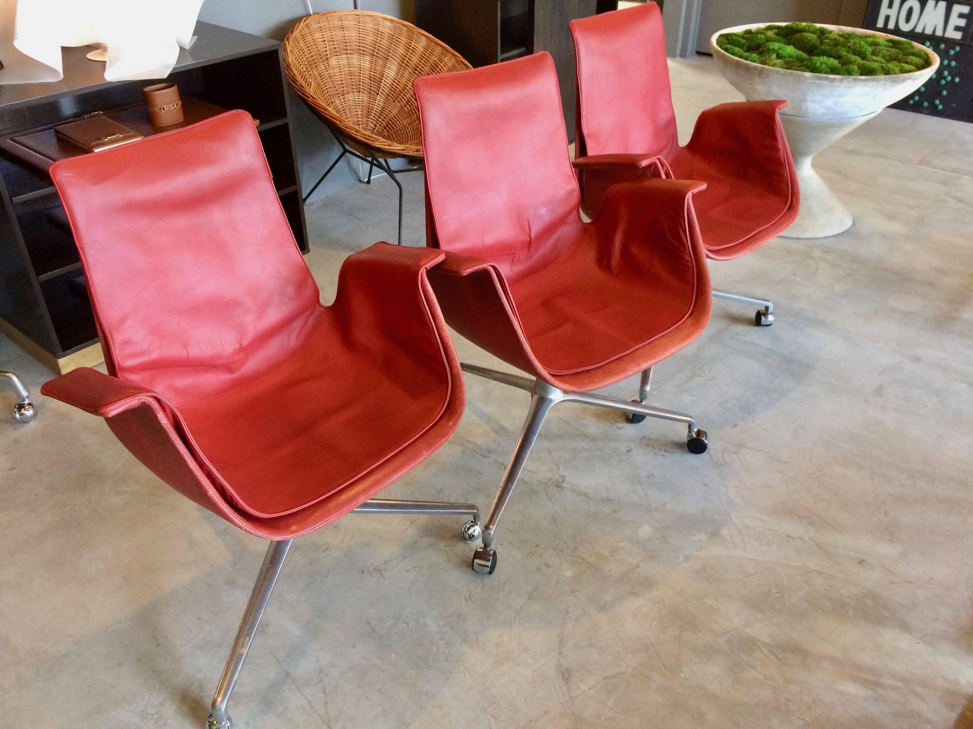 Timeless Preben Fabricius and Jørgen Kastholm desk chair in original deep red leather. Steel base. Original casters. Leather in excellent vintage condition. Only two still available. Priced individually.