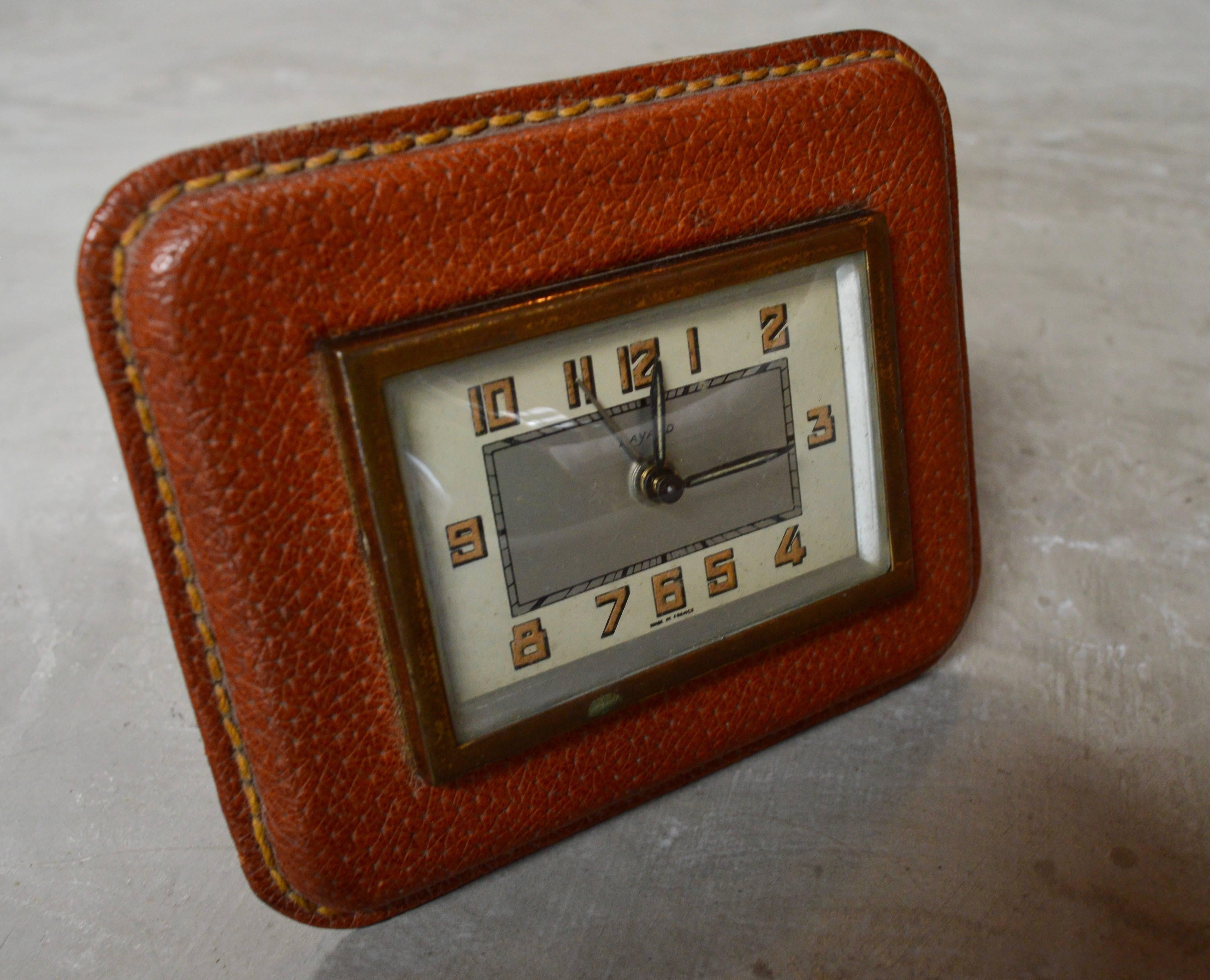 French Adnet Style Leather Alarm Clock