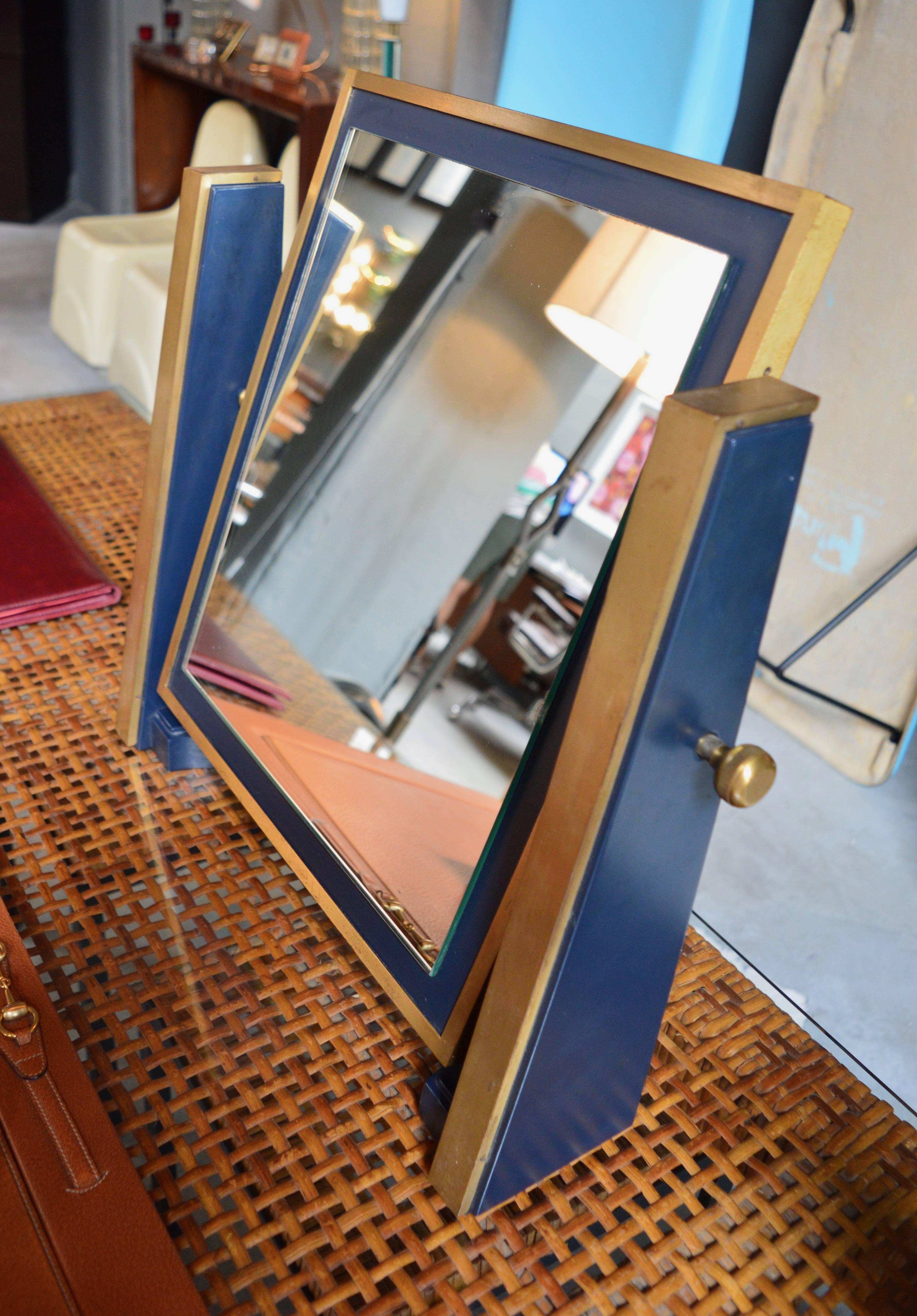 Italian Brass and Wood Table Mirror In Excellent Condition For Sale In Los Angeles, CA