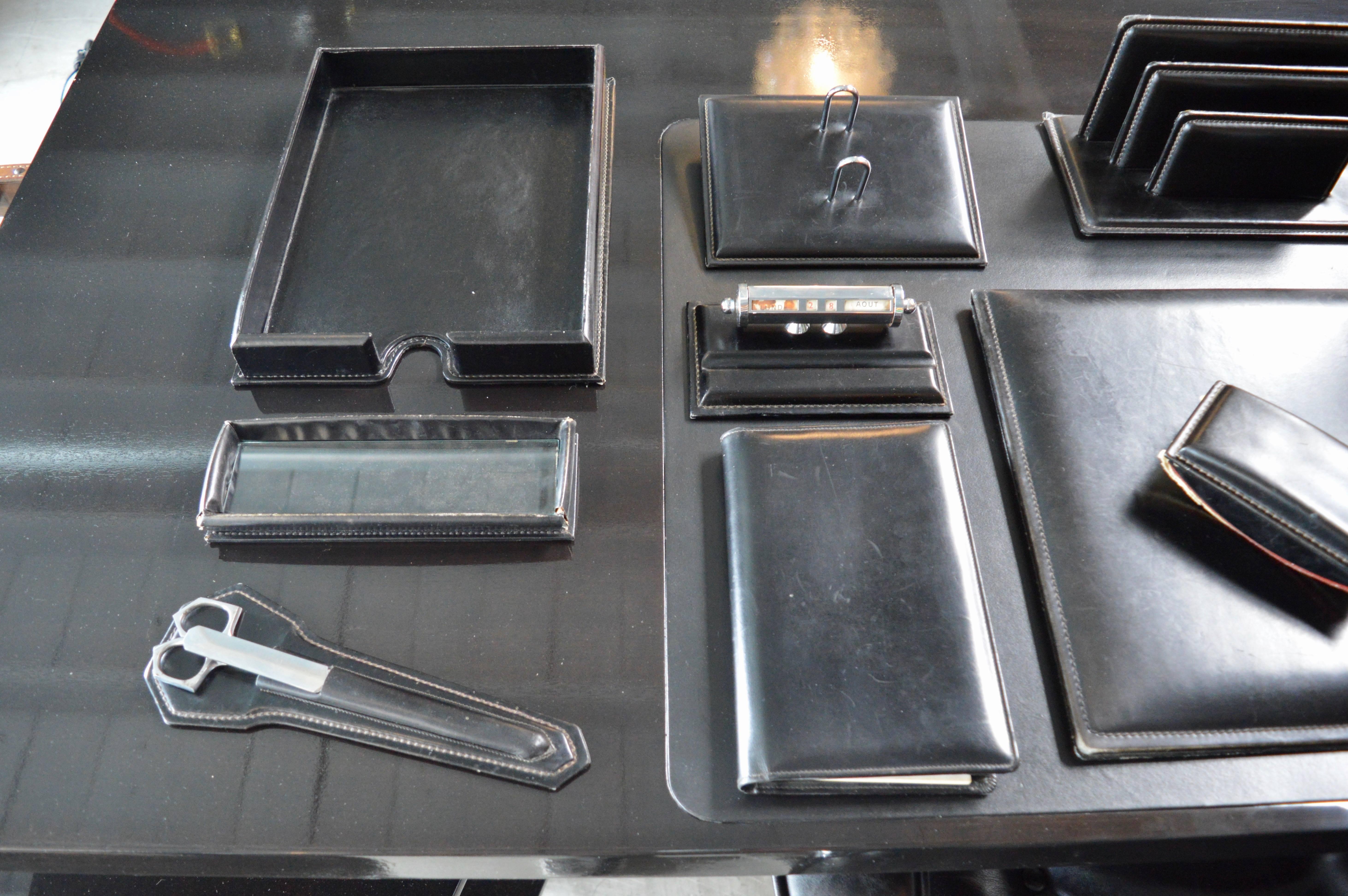 French Rare 13 Piece Leather Desk Set by Le Tanneur