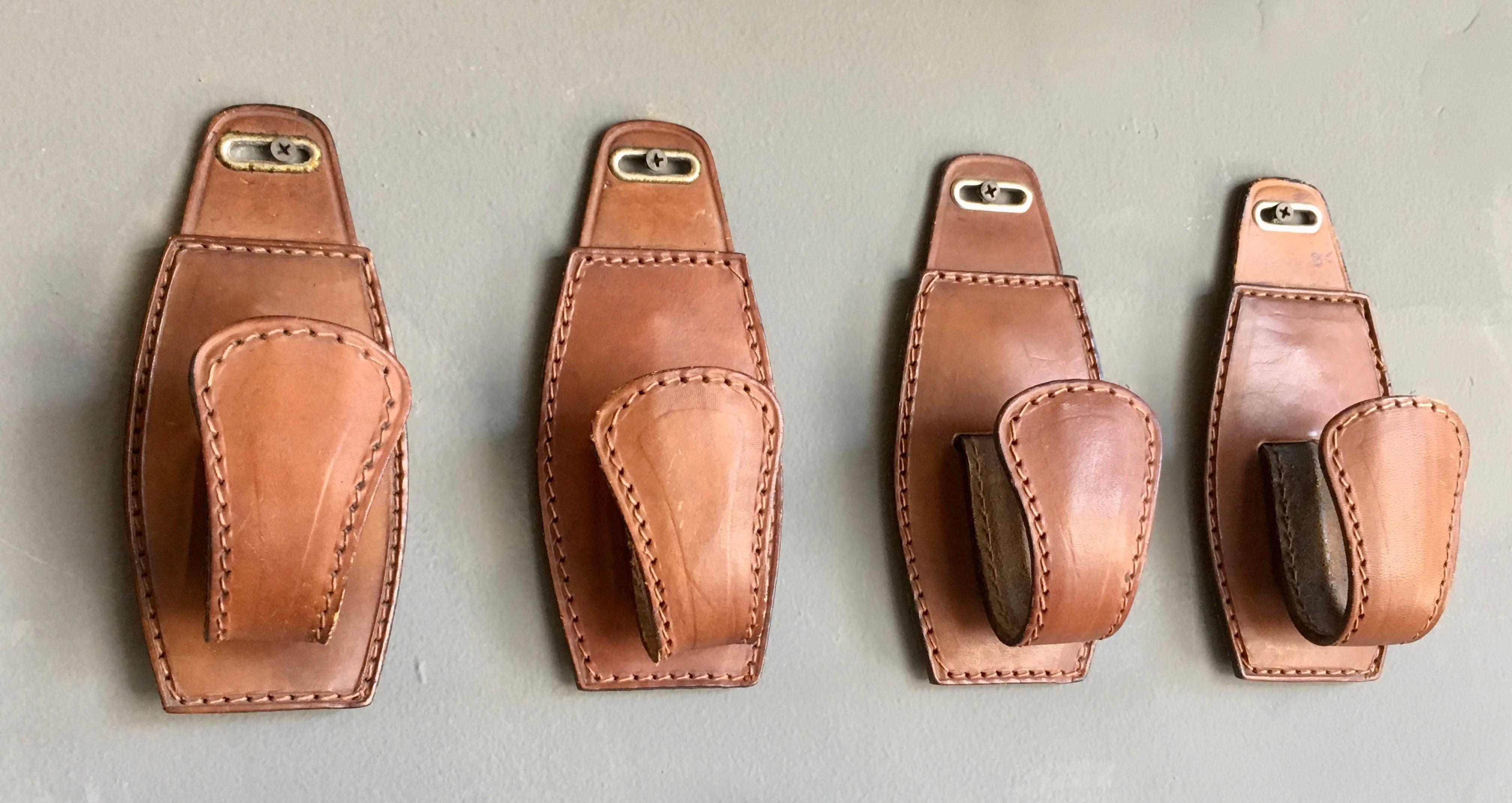 Set of Four Adnet Style Saddle Leather Hooks In Excellent Condition In Los Angeles, CA