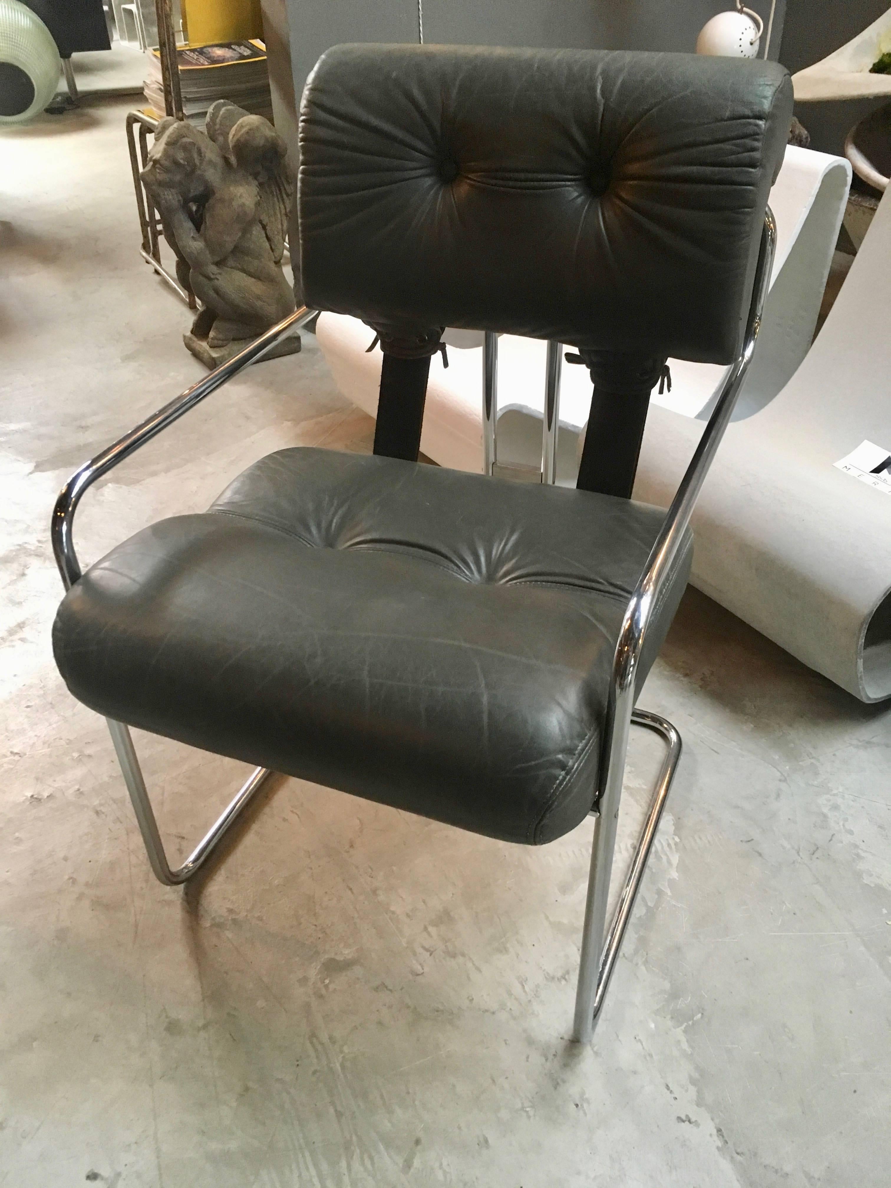 Gorgeous set of six leather chairs by Guido Faleschini for Pace. Chrome chairs with grey leather. Excellent patina to leather. Selling as a set of six. Extremely comfortable chairs. Perfect at a dining table, conference table or as desk chairs.