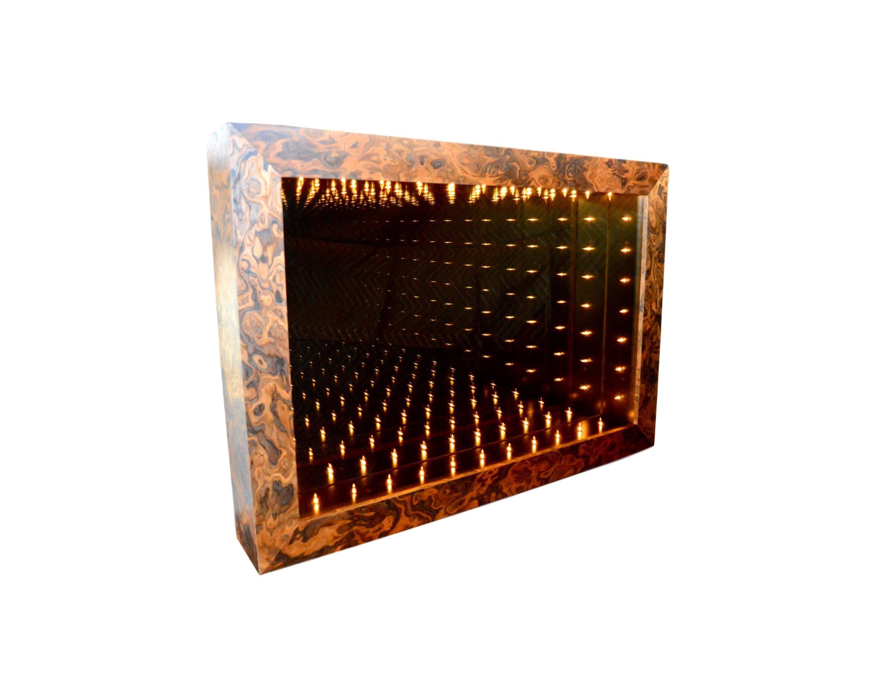 Massive burl wood rectangular infinity mirror by Merit. Mirror looks great off as well as an ambient light and piece of art while illuminated. 

Custom sizes and finishes available.