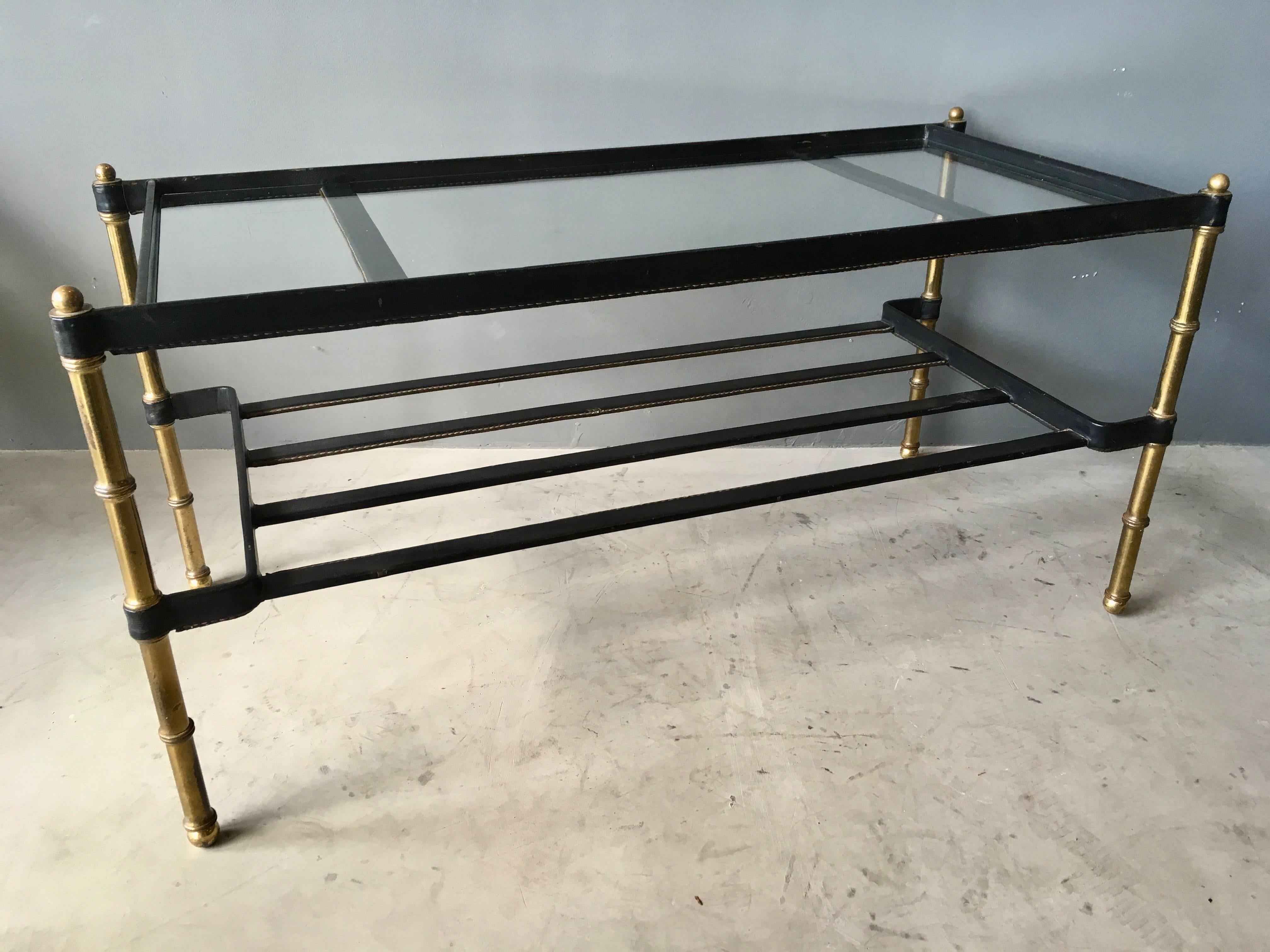 Brass Jacques Adnet Leather Wrapped Coffee Table, 1950s France