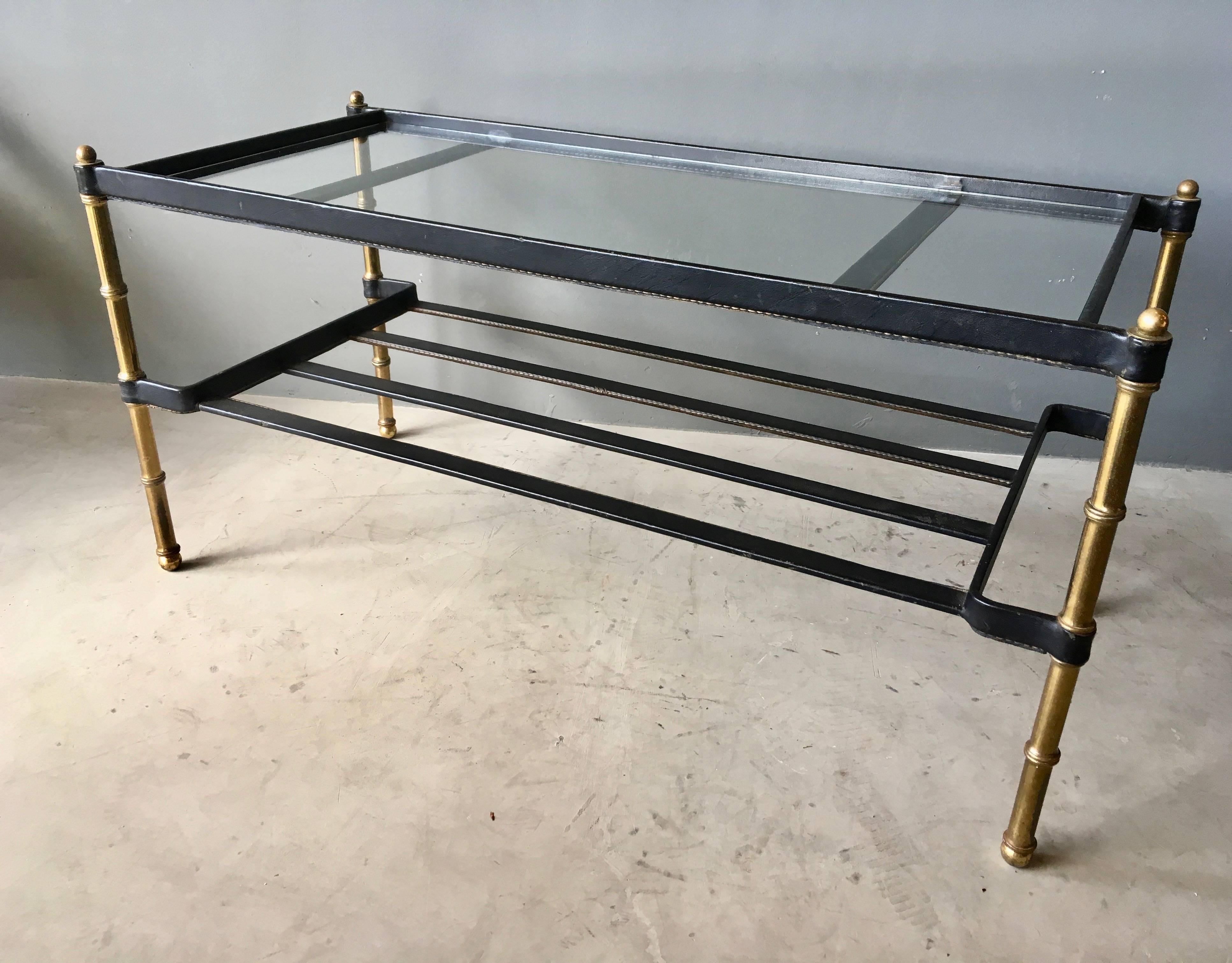 Jacques Adnet Leather Wrapped Coffee Table, 1950s France In Good Condition In Los Angeles, CA
