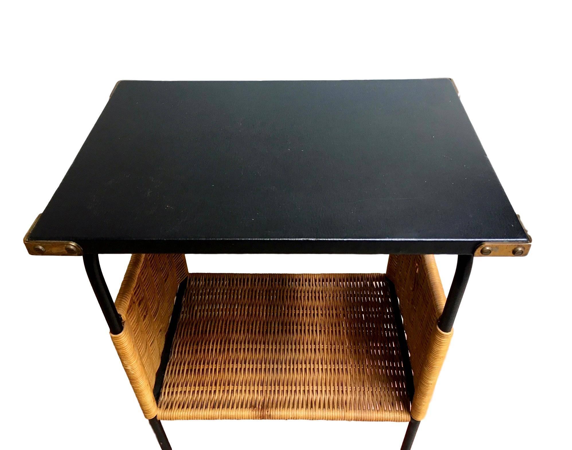 French Rare Jacques Adnet Leather and Wicker Side Tables