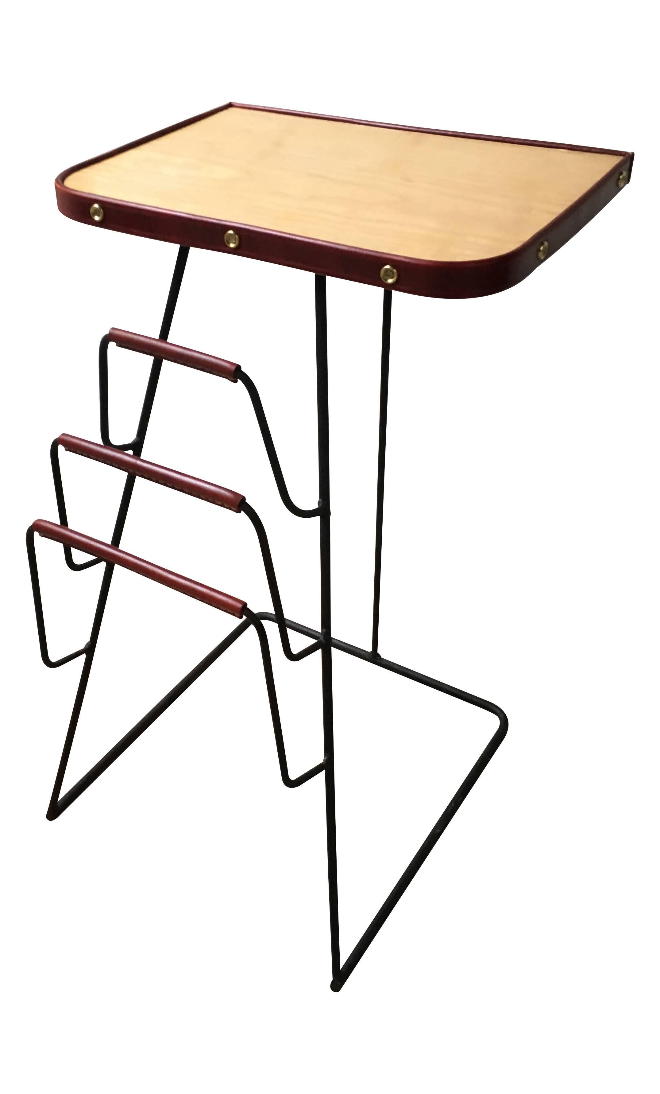 French Jacques Adnet Red Leather and Brass Side Table with Magazine Rack