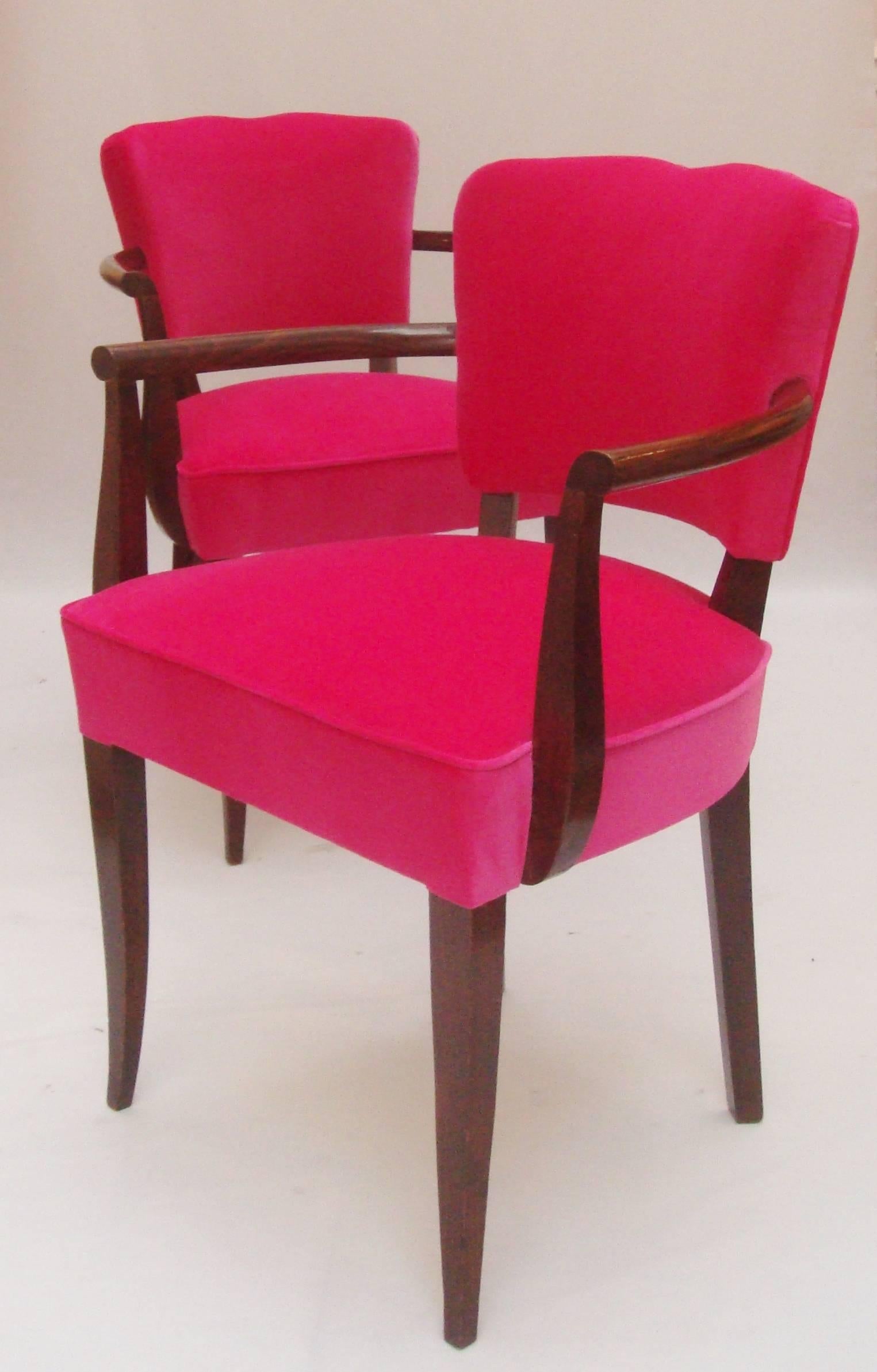 A pair of French 1940s moustache-back bridge chairs.
Upholstered in designers guild Varese velvet.
 