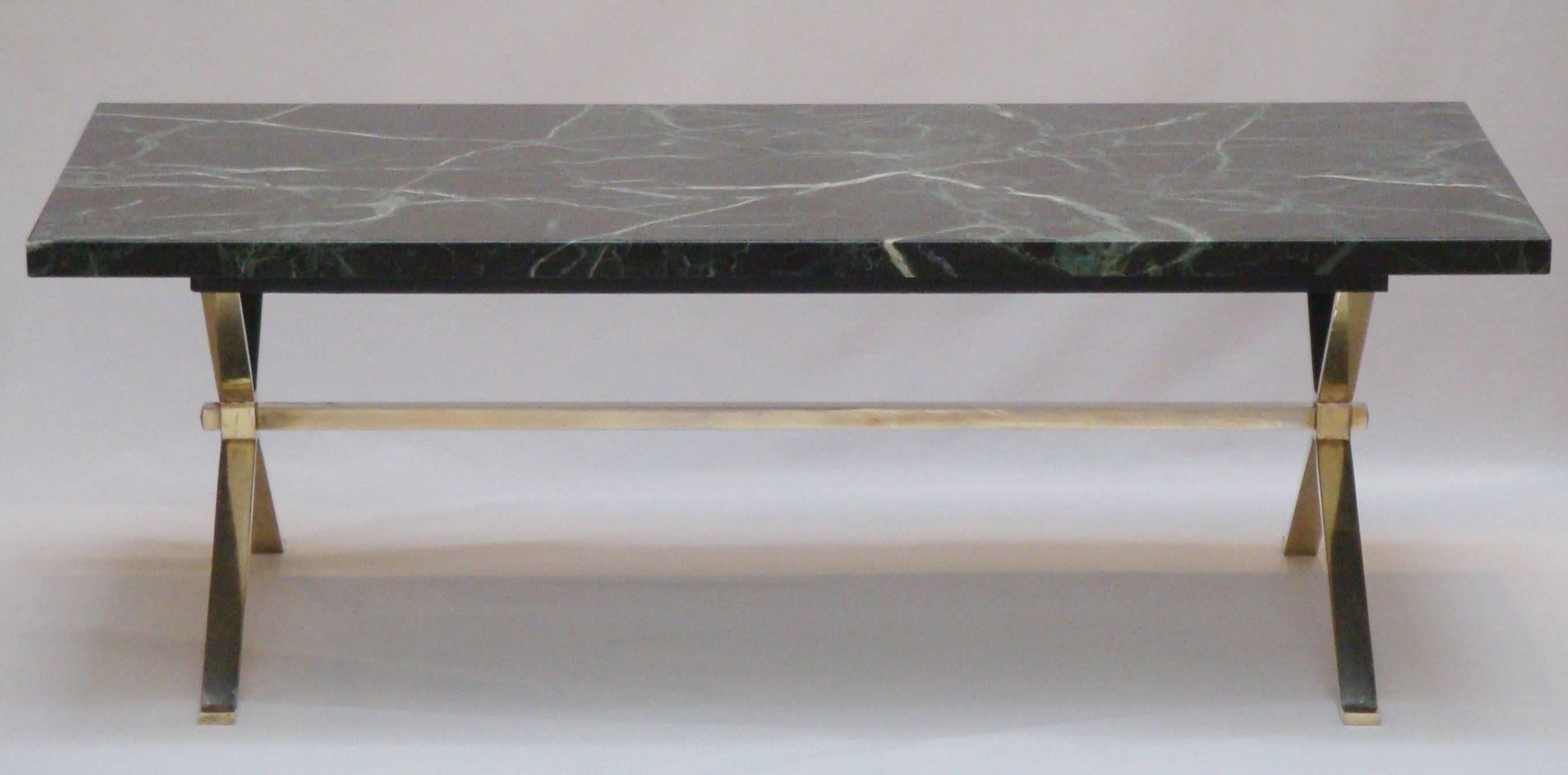 A Verde Issorie marble and brass-plated nickel coffee table
 

.