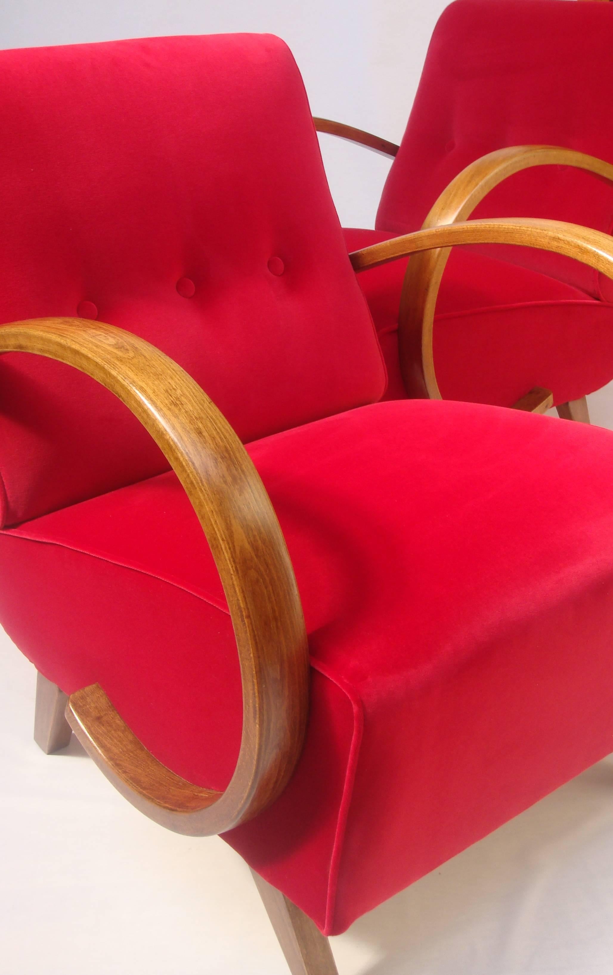 A pair of bentwood armchairs designed by Jindrich Halabala and manufactured by Druzba, Bratislava.
Upholstered in designers Guild Varese velvet.
 