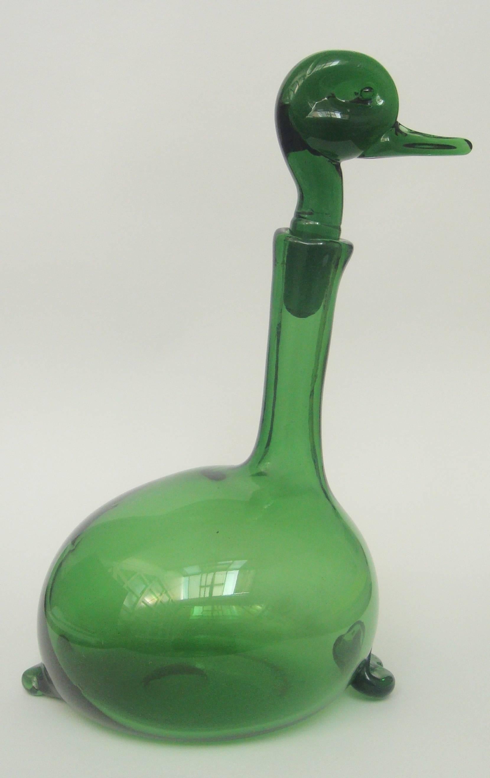 A handblown Empoli Verde decanter
in the shape of a duck thought to be
designed by Gio Ponti for Toso Bagnoli.
 