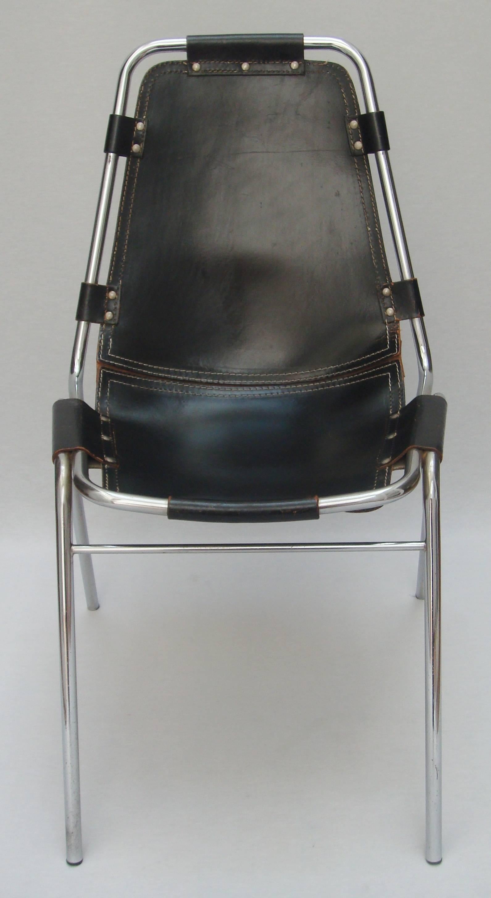Mid-Century Modern Pair of Black Leather Les Arcs Chairs 