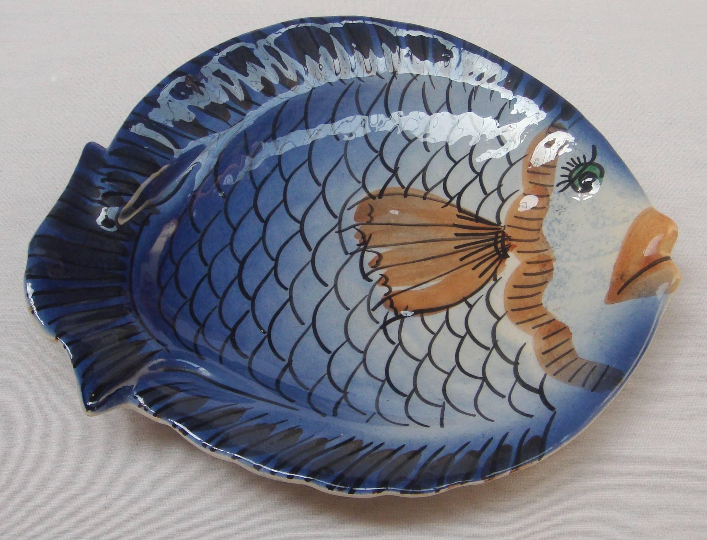 Mid-Century Modern French 1950s Vallauris Fish Plates and Jug