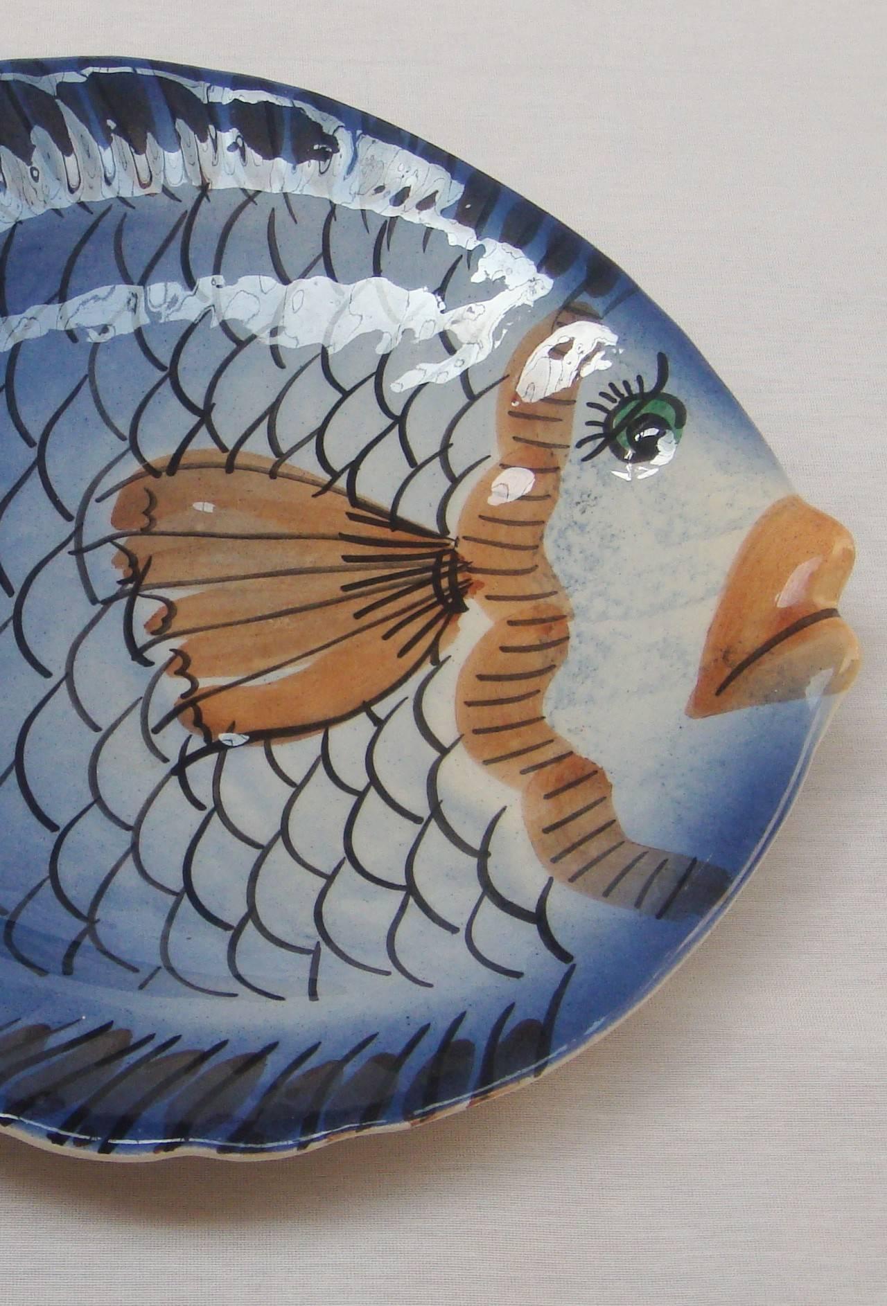 Hand-Painted French 1950s Vallauris Fish Plates and Jug