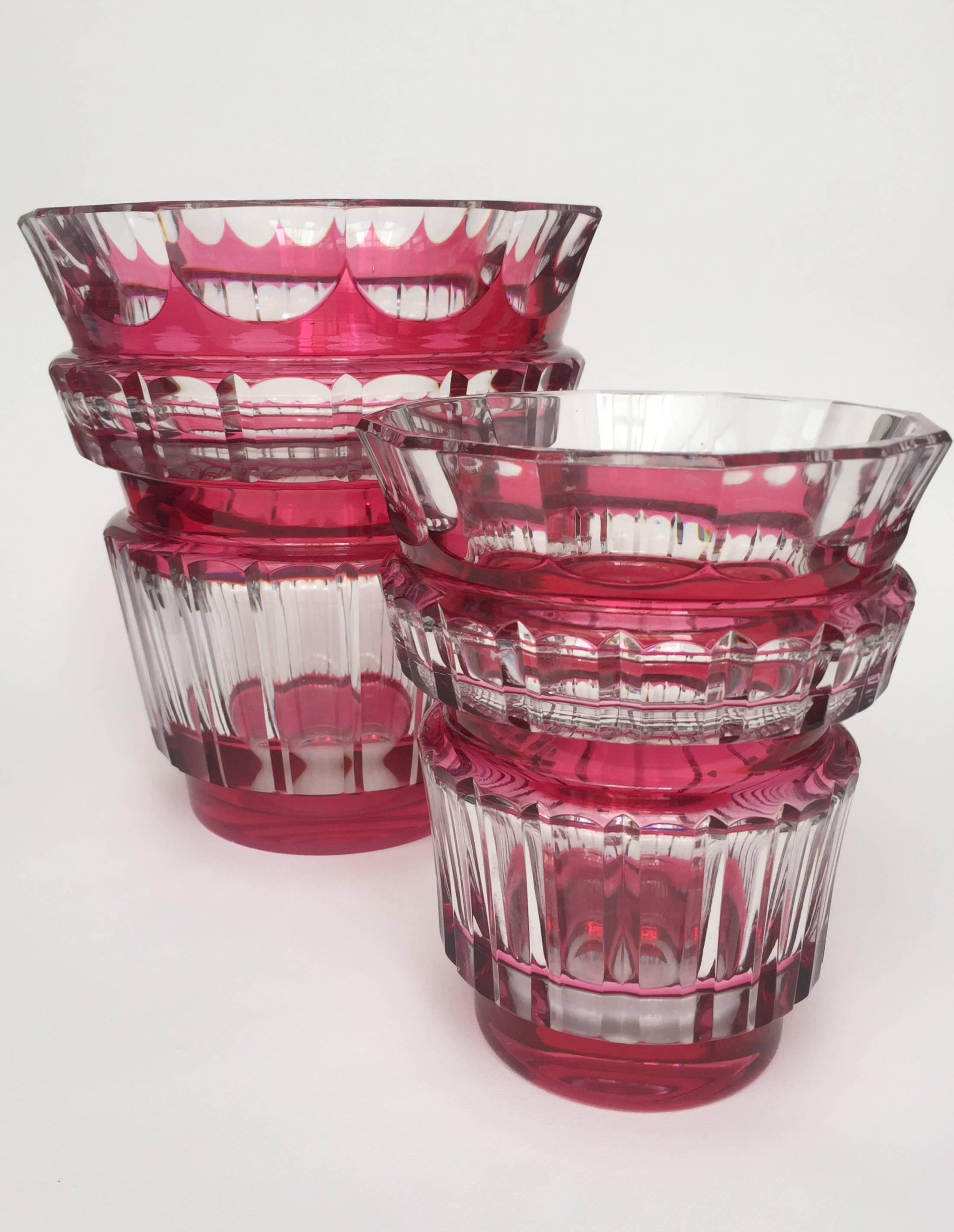 Cranberry and clear cut crystal Bolero vases
designed by Charles Graffart for Val Saint Lambert.
The largest signed on the base.

Can be sold individually.
Height: 8 in / 20.5 cm.
Height: 6 in / 15.5 cm   SOLD