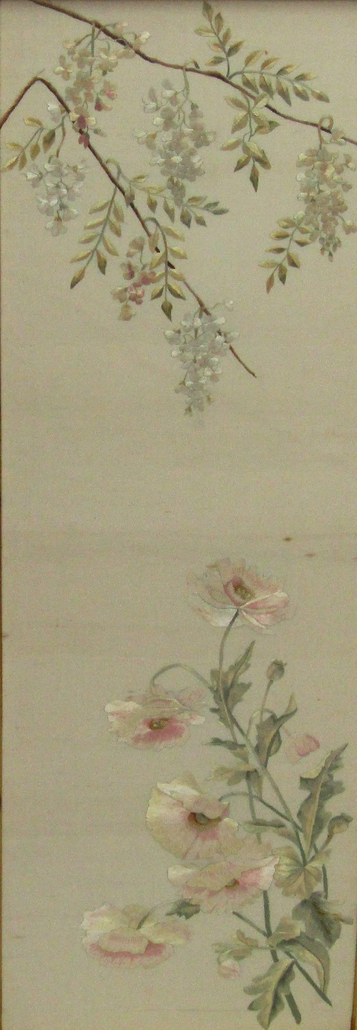 A framed hand embroidered silk panel depicting wisteria and poppies.

Work such as this was produced in China in the first half of the
20th century specifically for the European market.
  