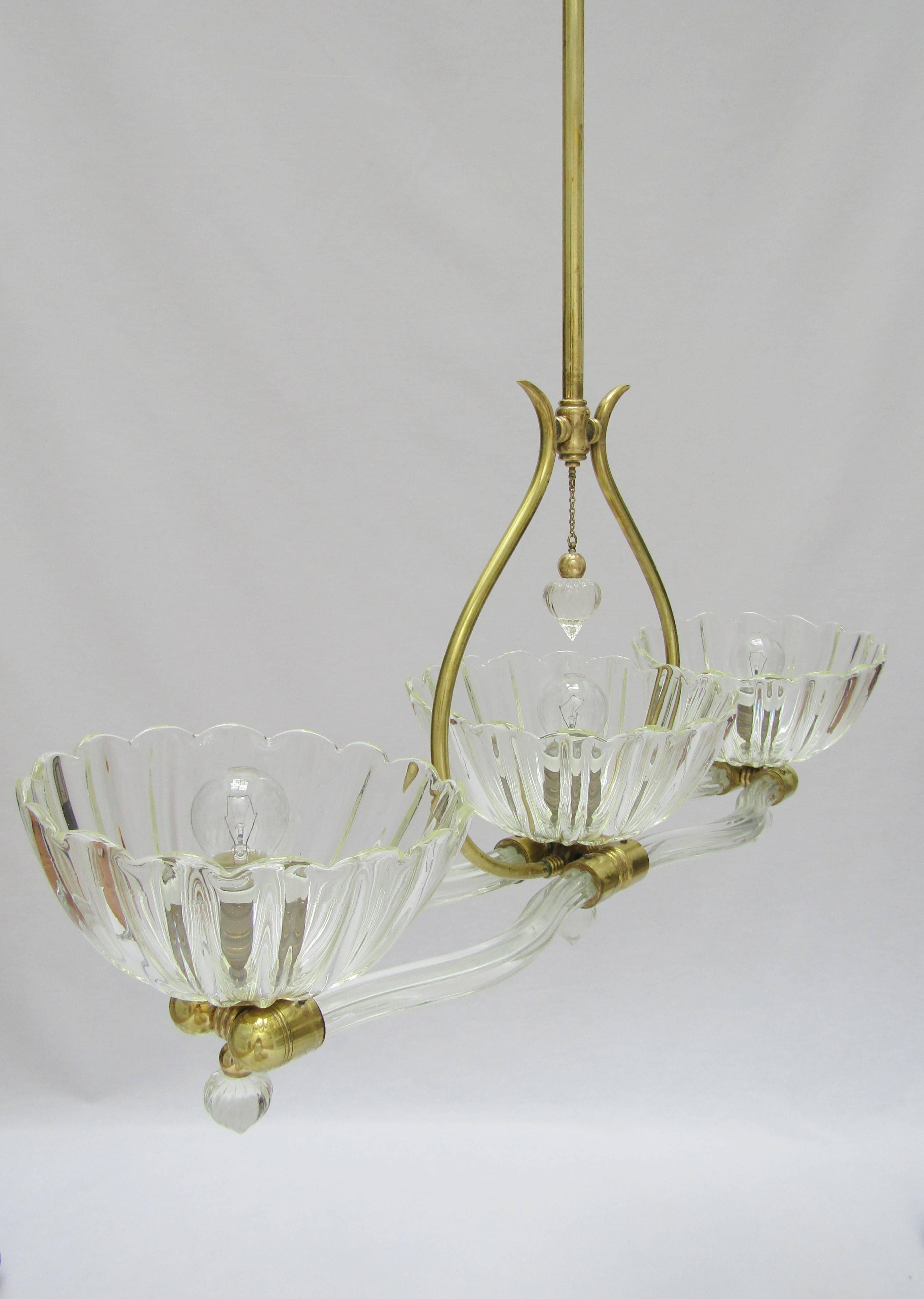 A three-light crystal and brass
chandelier by Barovier, Murano
Re-wired and PAT tested.