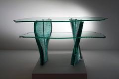 Variable Theme Console, Hand-Cut Glass and Steel Console Table