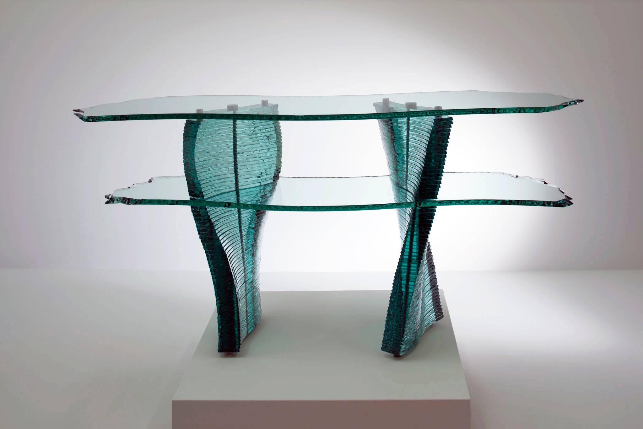 British Variable Theme Console, Hand-Cut Glass and Steel Console Table For Sale